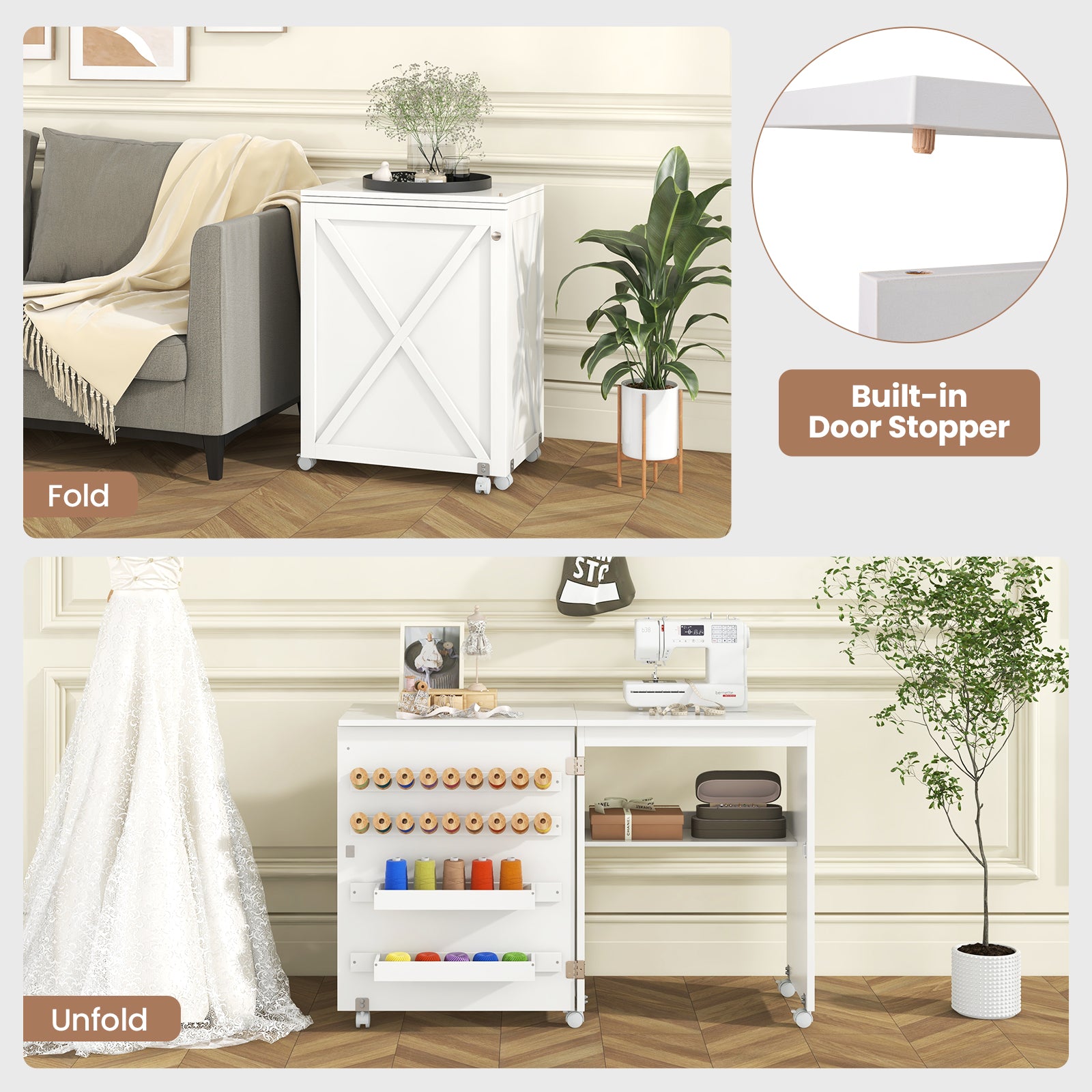 Folding Sewing Table with Storage Shelf and 5 Lockable Wheel, White Sewing Tables at Gallery Canada