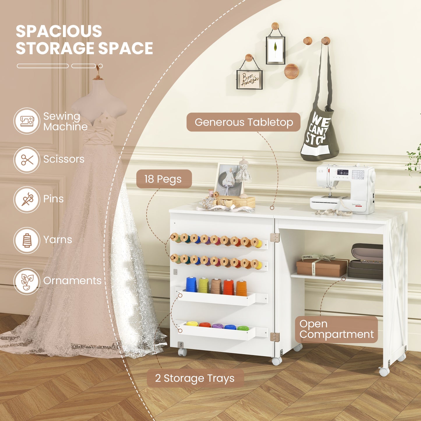 Folding Sewing Table with Storage Shelf and 5 Lockable Wheel, White Sewing Tables at Gallery Canada