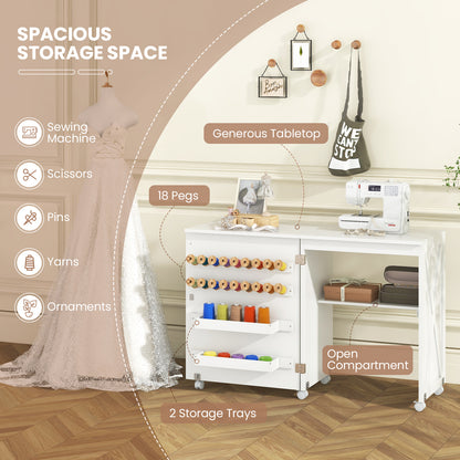 Folding Sewing Table with Storage Shelf and 5 Lockable Wheel, White Sewing Tables at Gallery Canada