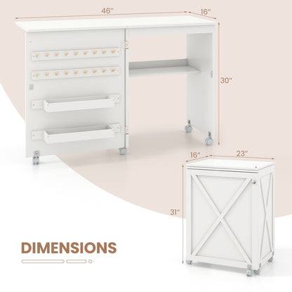 Folding Sewing Table with Storage Shelf and 5 Lockable Wheel, White Sewing Tables at Gallery Canada