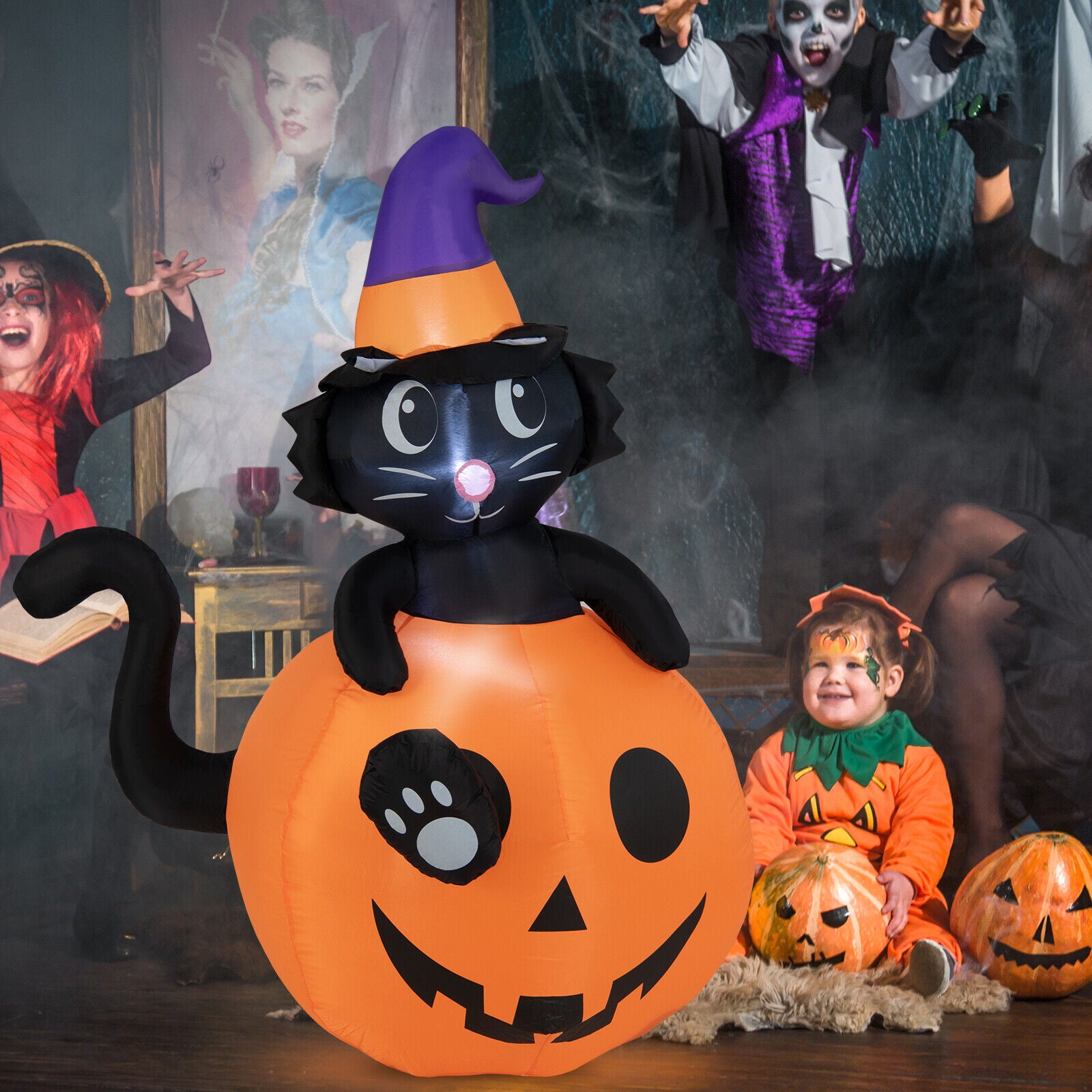 5 Feet Inflatable Halloween Pumpkin with Witch's Black Cat, Multicolor Halloween at Gallery Canada