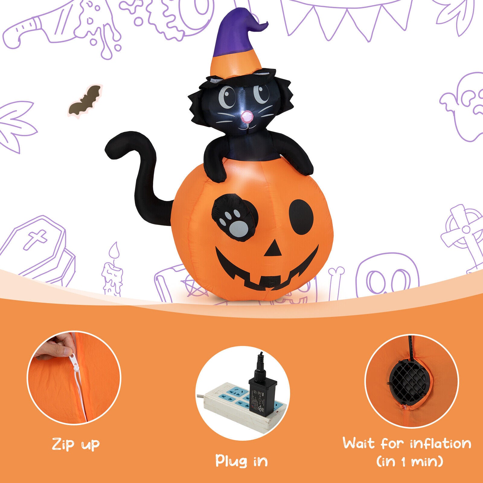 5 Feet Inflatable Halloween Pumpkin with Witch's Black Cat, Multicolor Halloween at Gallery Canada