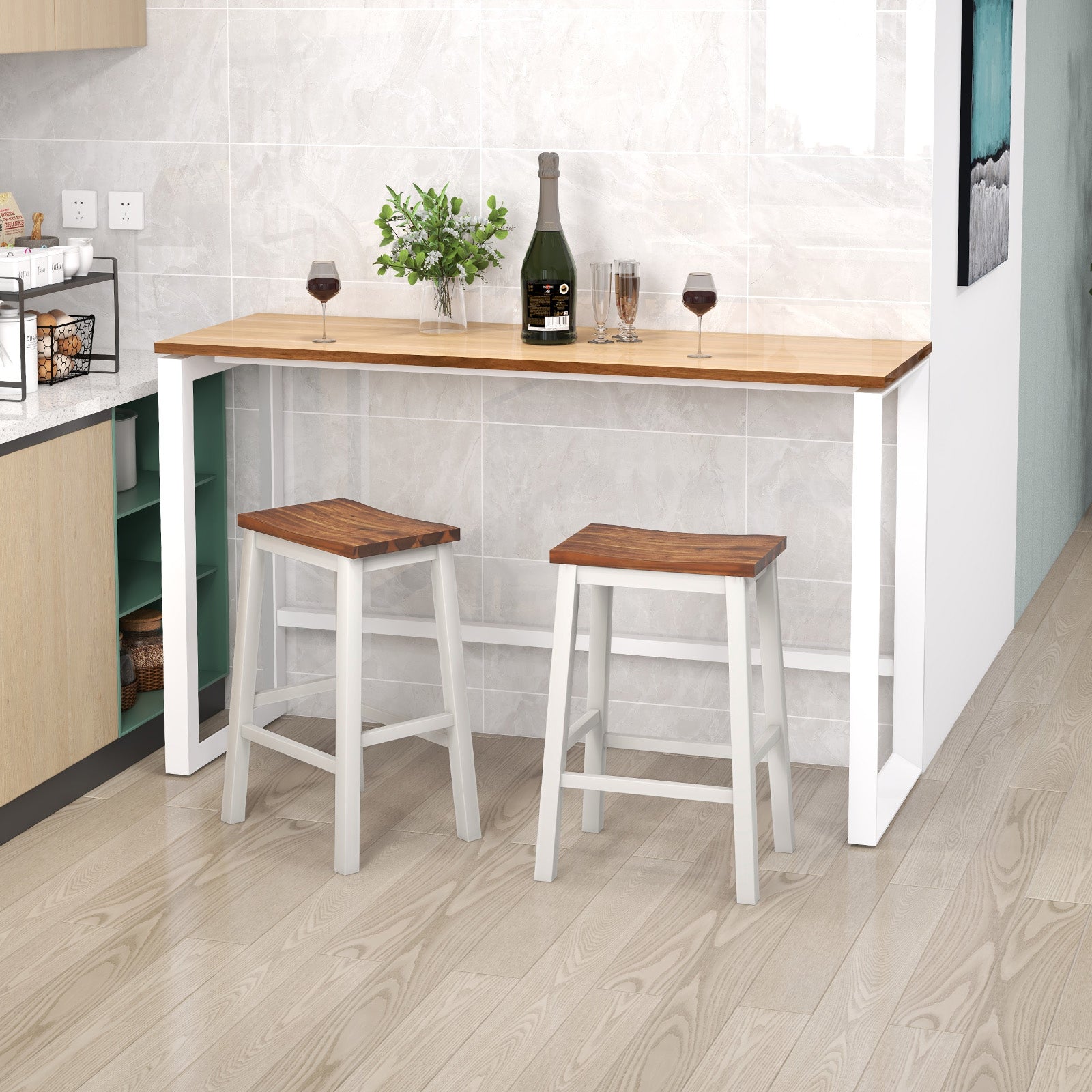 24.5-Inch Saddle Stools, Walnut, Set of 2 with Footrests, Gray Bar Stools at Gallery Canada