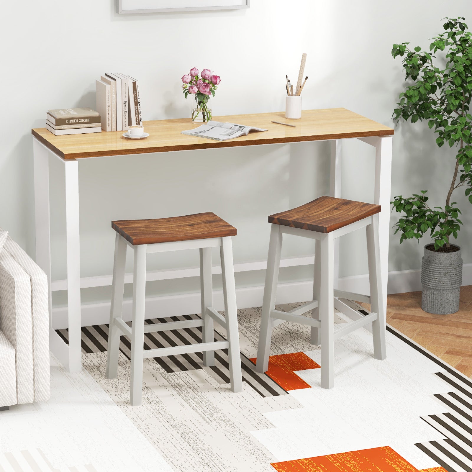 24.5-Inch Saddle Stools, Walnut, Set of 2 with Footrests, Gray Bar Stools at Gallery Canada