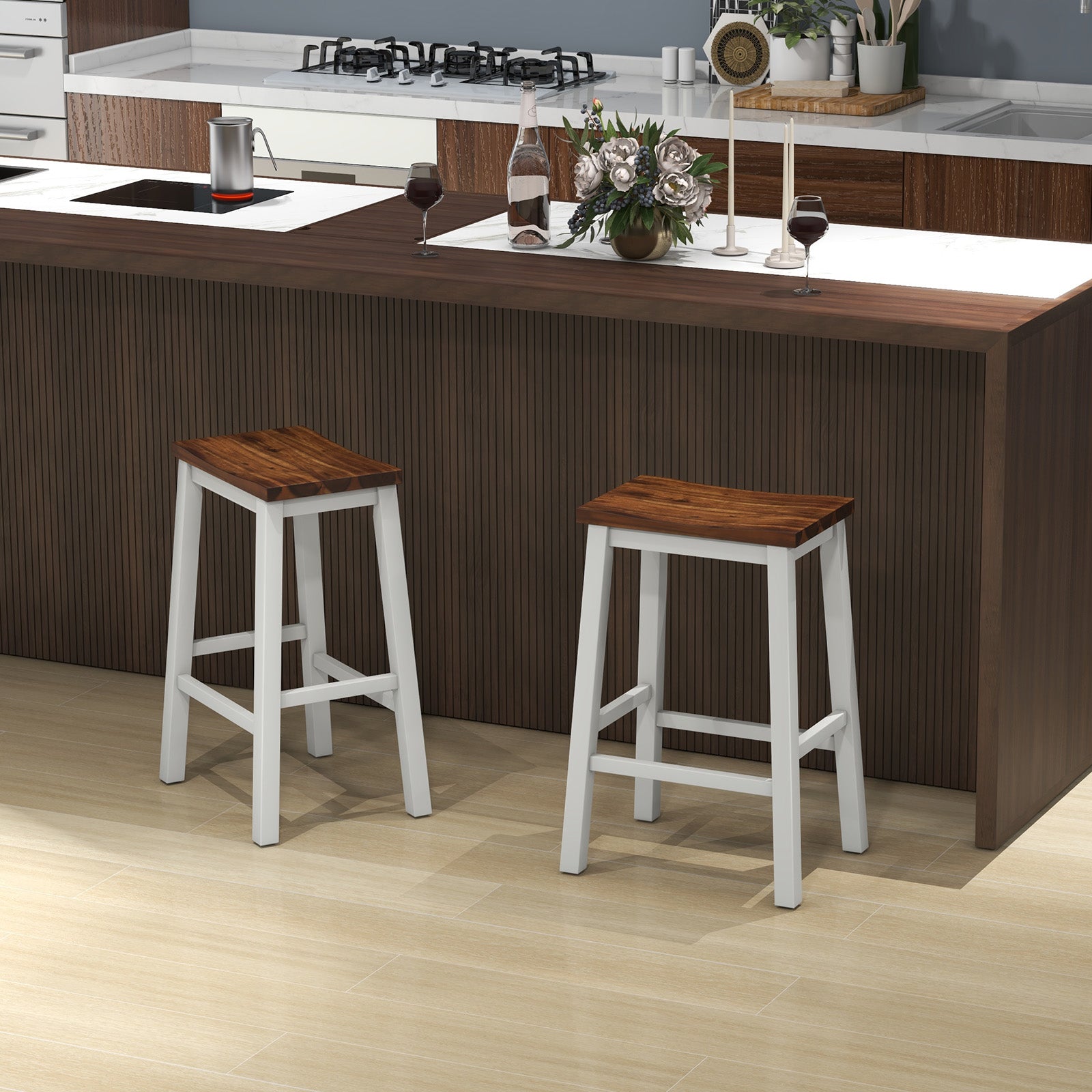 24.5-Inch Saddle Stools, Walnut, Set of 2 with Footrests, Gray Bar Stools at Gallery Canada