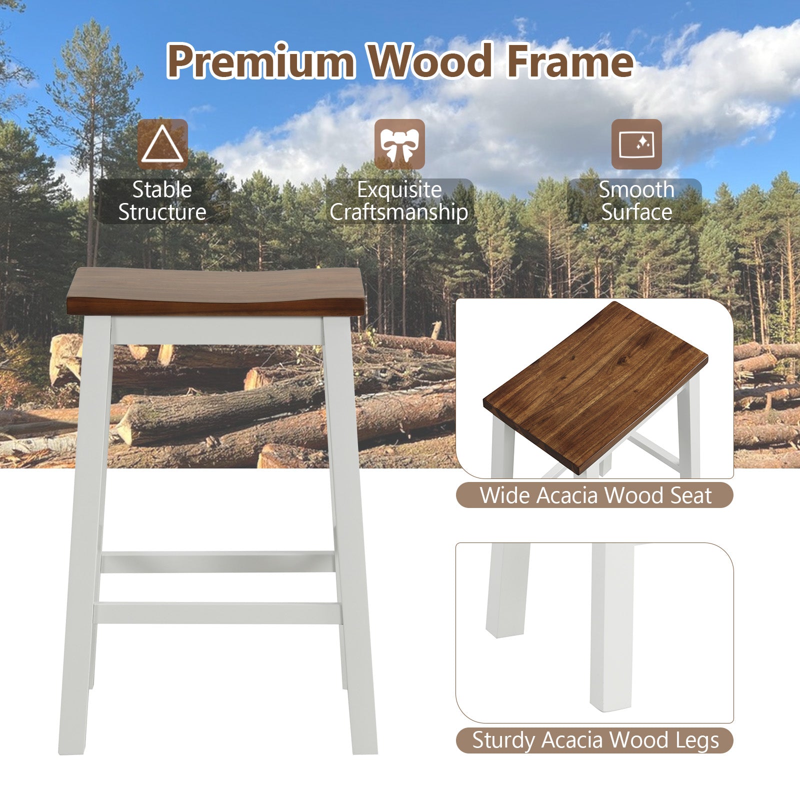 24.5-Inch Saddle Stools, Walnut, Set of 2 with Footrests, Gray Bar Stools at Gallery Canada