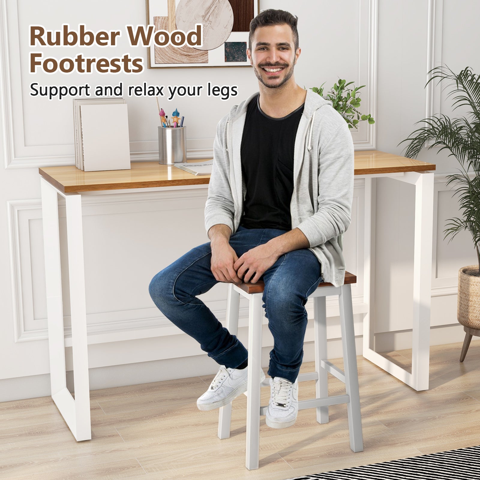 24.5-Inch Saddle Stools, Walnut, Set of 2 with Footrests, Gray Bar Stools at Gallery Canada