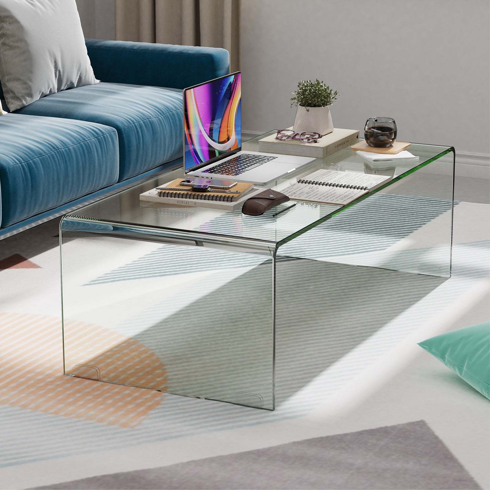 42 x 19.7 Inch Clear Tempered Glass Coffee Table with Rounded Edges, Transparent Coffee Tables at Gallery Canada