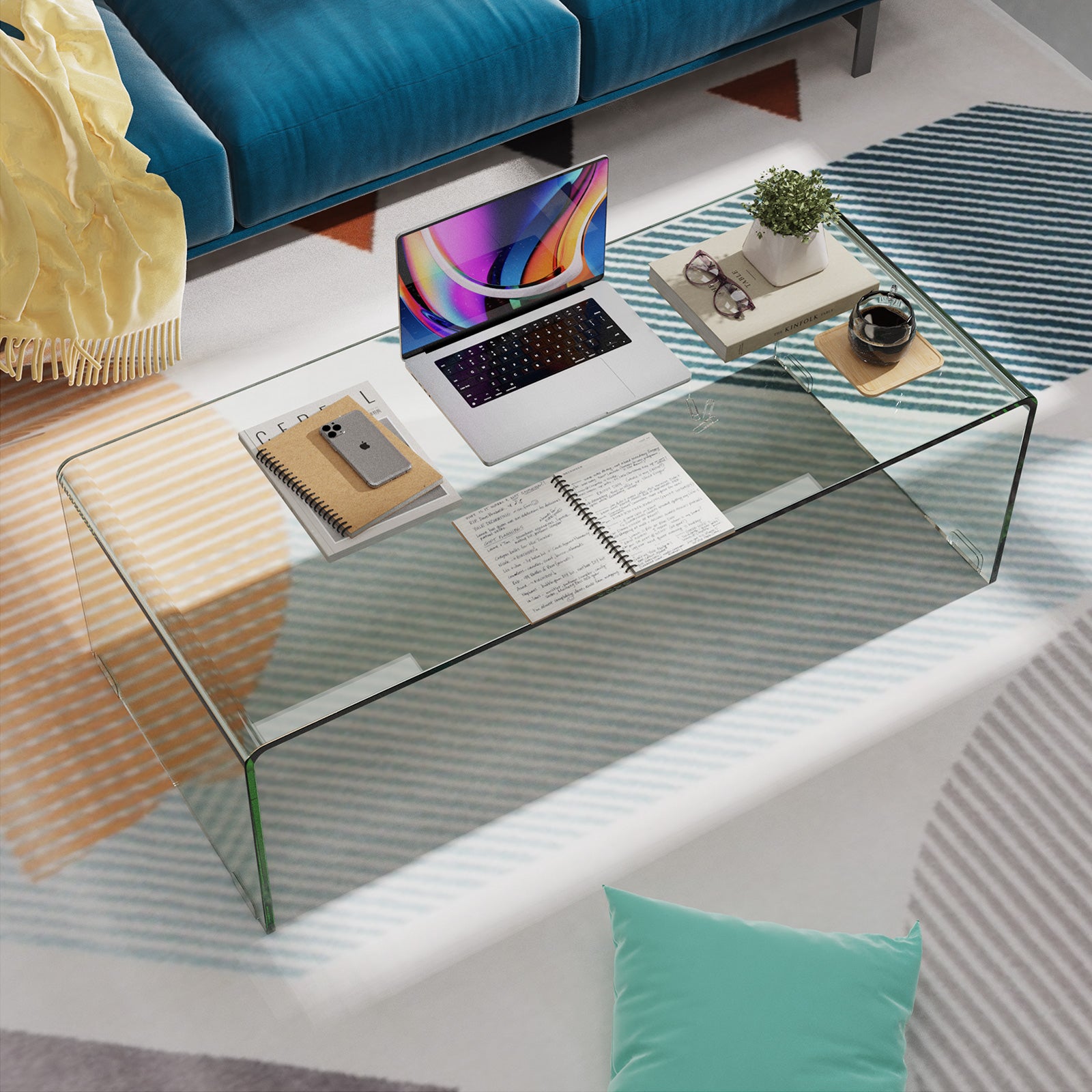 42 x 19.7 Inch Clear Tempered Glass Coffee Table with Rounded Edges, Transparent Coffee Tables at Gallery Canada