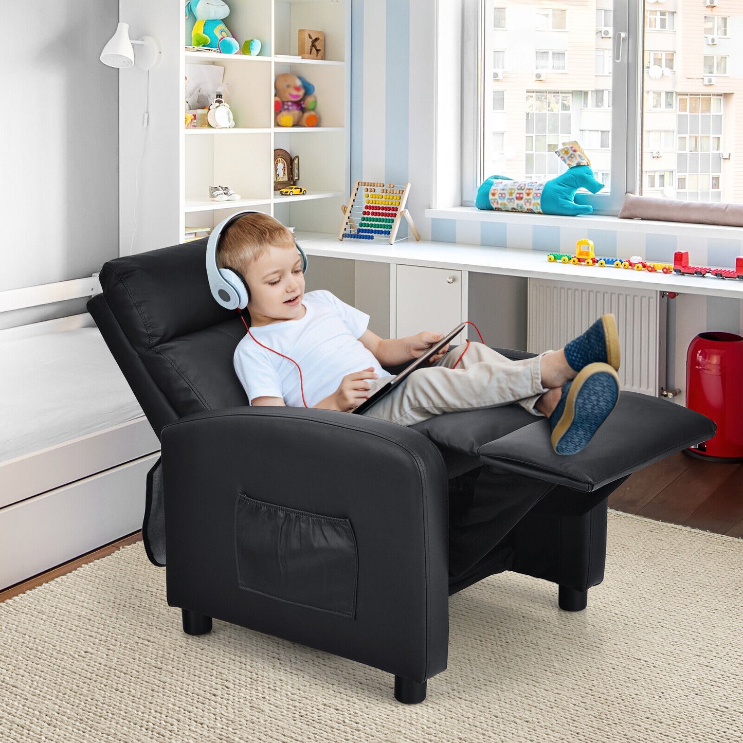 Ergonomic PU Leather Kids Recliner Lounge Sofa for 3-12 Age Group, Black Kids Chairs & Seating at Gallery Canada