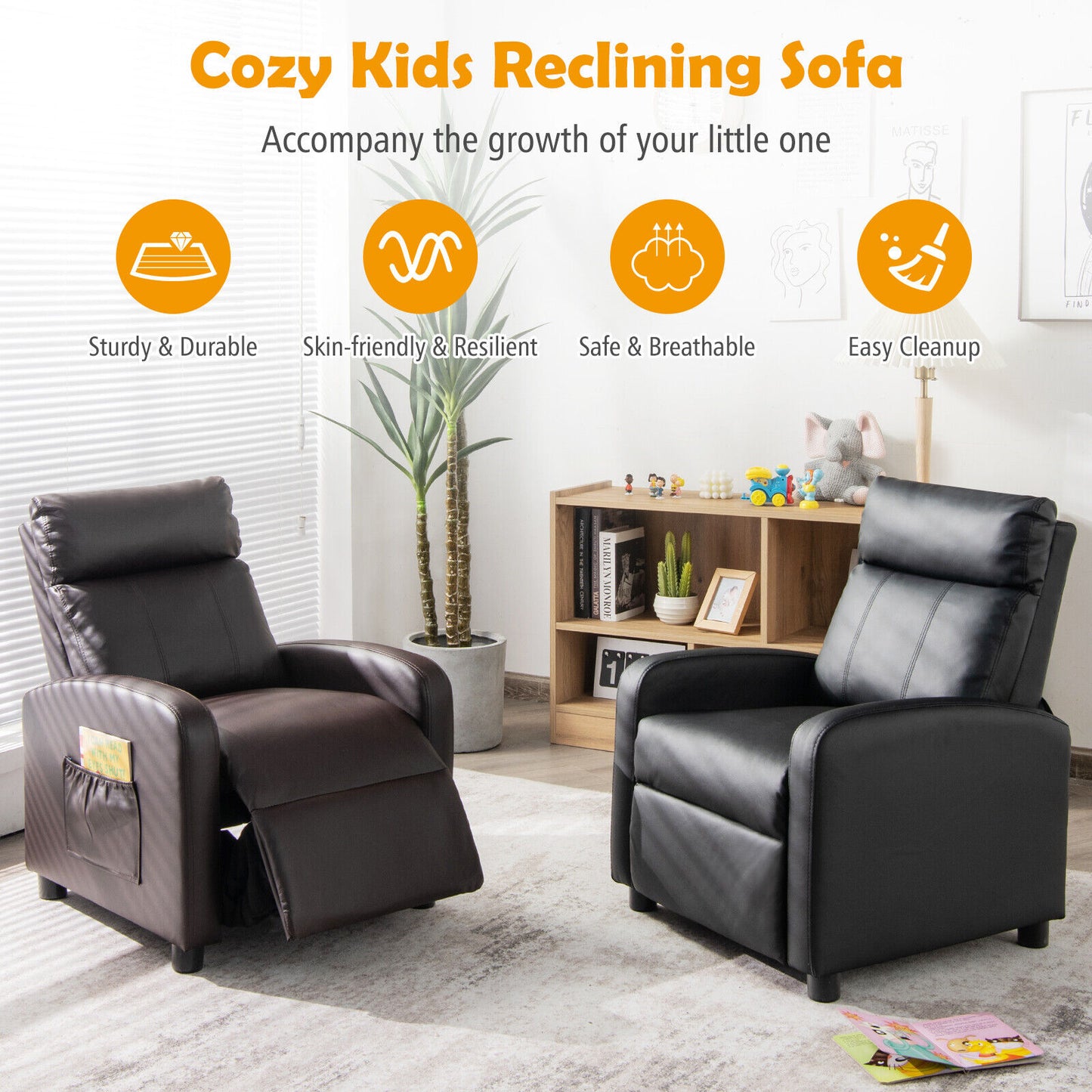 Ergonomic PU Leather Kids Recliner Lounge Sofa for 3-12 Age Group, Black Kids Chairs & Seating at Gallery Canada