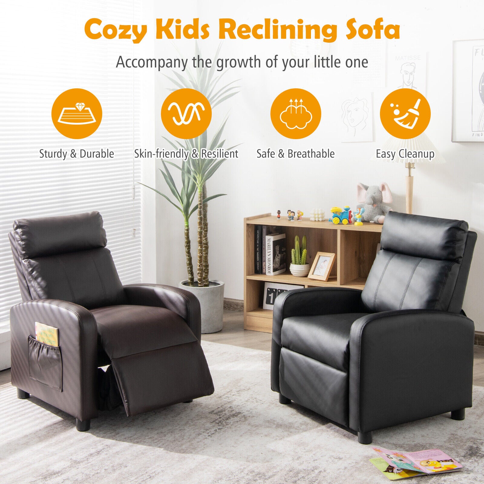 Ergonomic PU Leather Kids Recliner Lounge Sofa for 3-12 Age Group, Black Kids Chairs & Seating at Gallery Canada