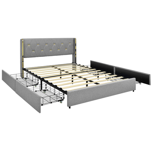 Full/Queen Size Upholstered Bed Frame with 4 Drawers-Silver-Full Size, Silver