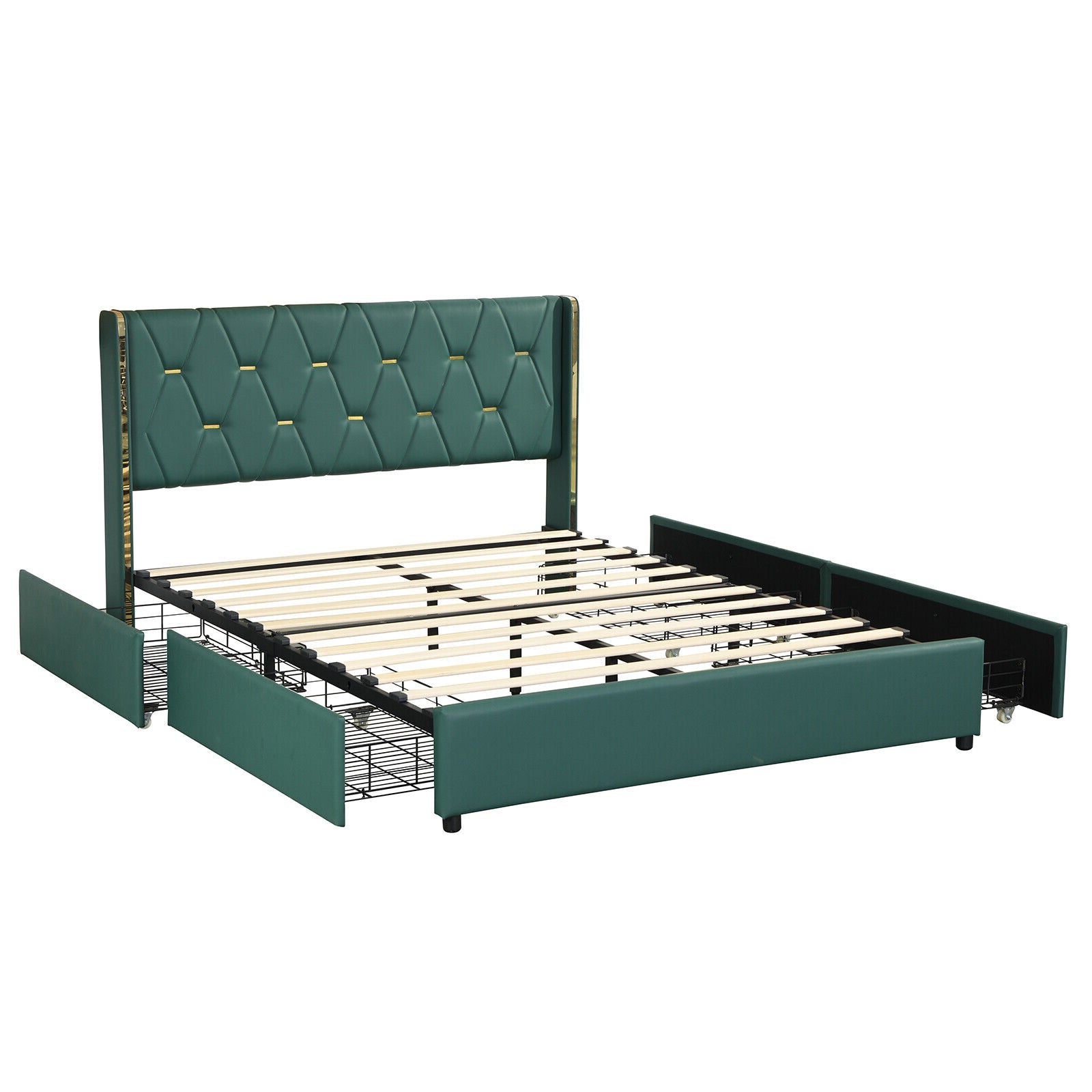 Full Queen Size Upholstered Bed Frame, 4 Drawers, Green Simple Bed Frame Green at Gallery Canada