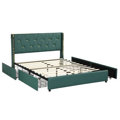 Full Queen Size Upholstered Bed Frame, 4 Drawers, Green Simple Bed Frame Green at Gallery Canada