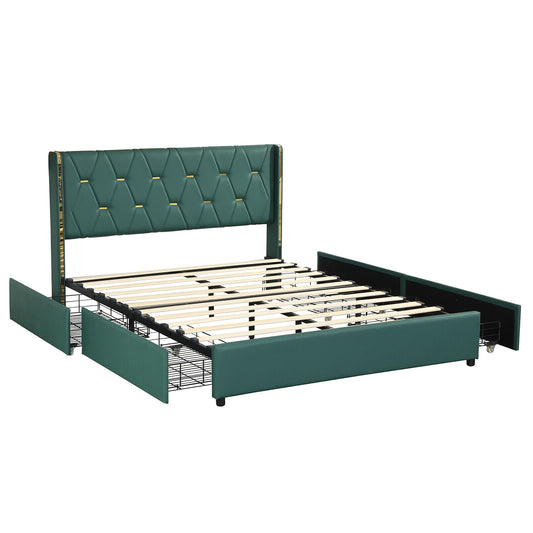 Full Queen Size Upholstered Bed Frame, 4 Drawers, Green Simple Bed Frame Green at Gallery Canada