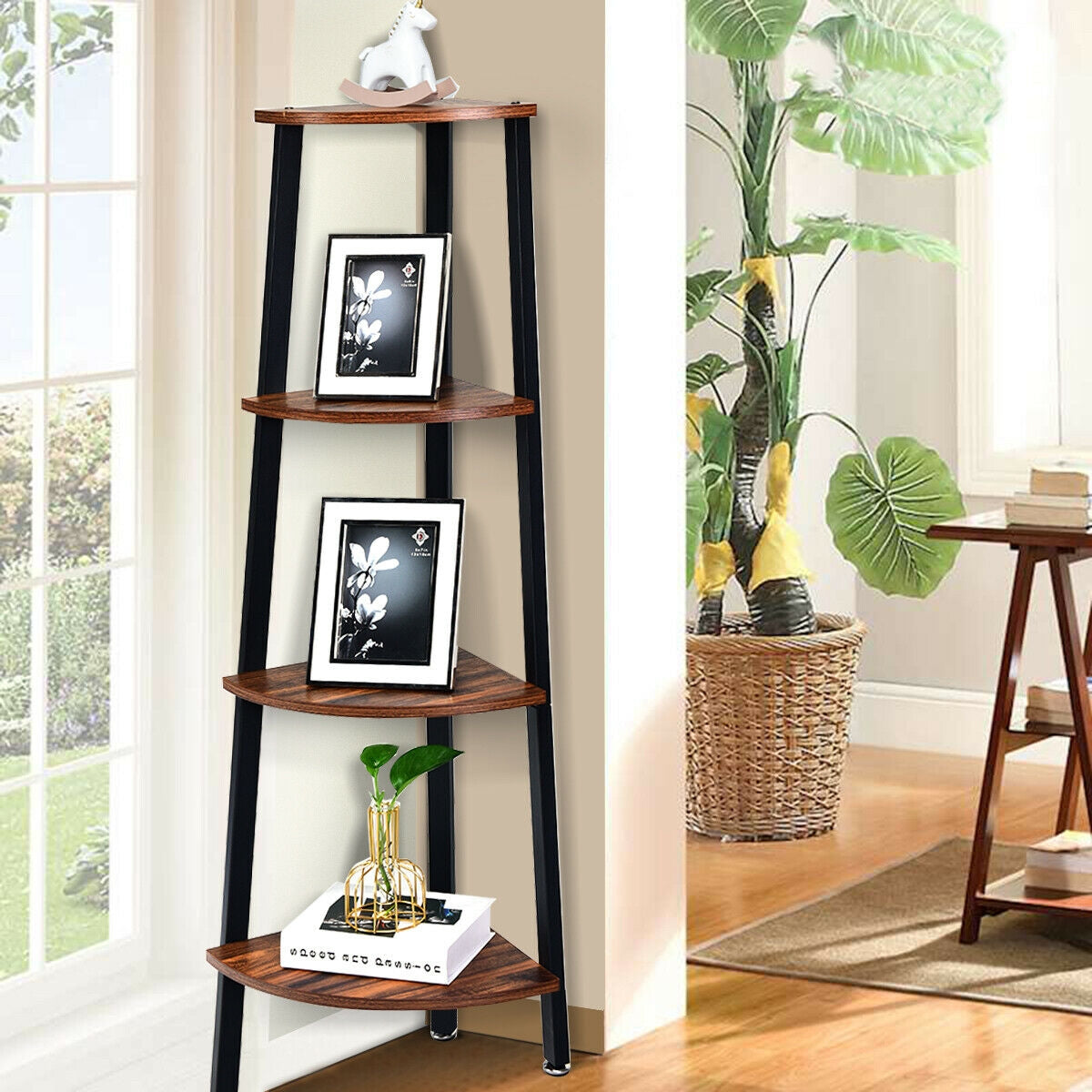 4-Tier Corner Shelf Metal Storage Rack Domestic Bookcase, Black Bookcases at Gallery Canada