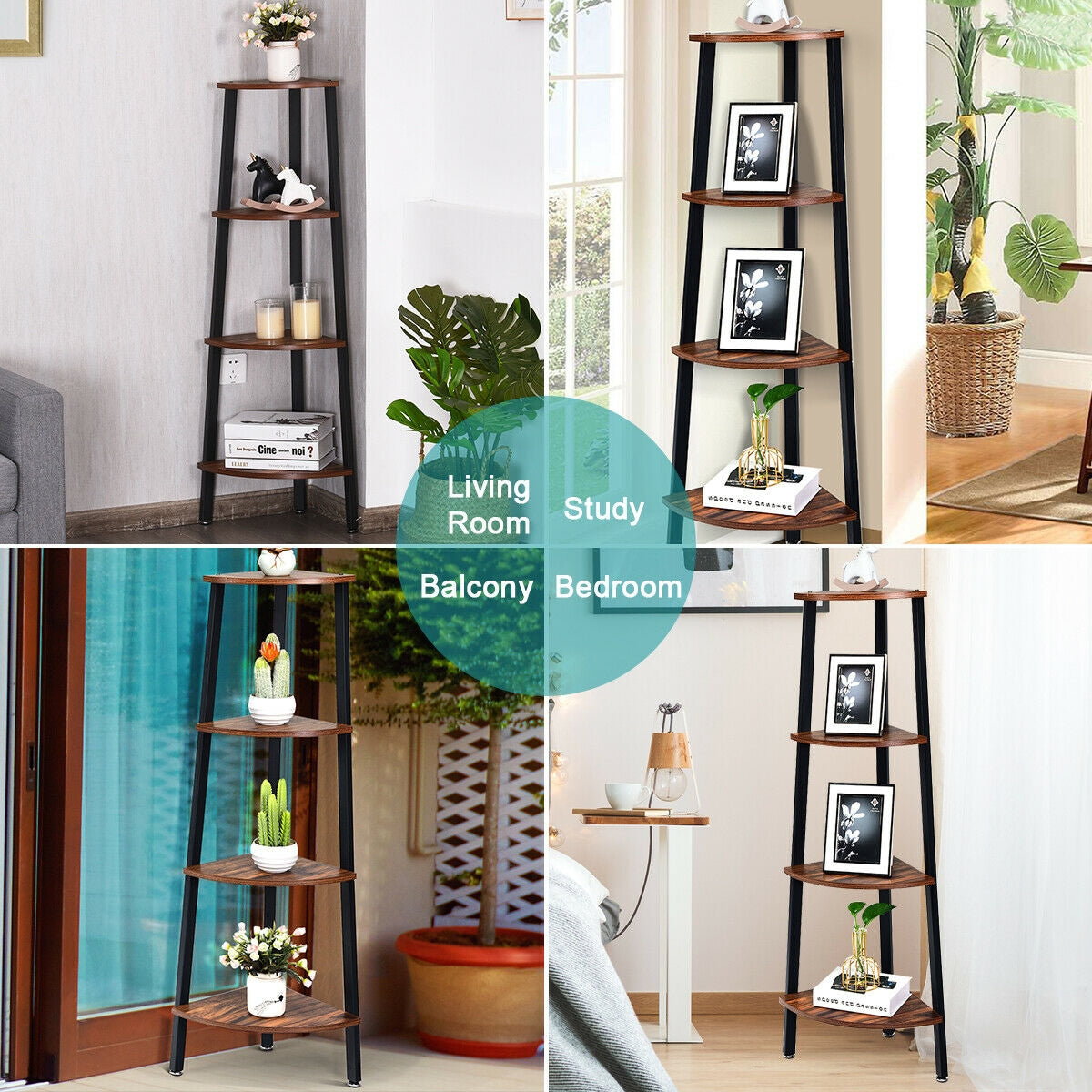 4-Tier Corner Shelf Metal Storage Rack Domestic Bookcase, Black Bookcases at Gallery Canada