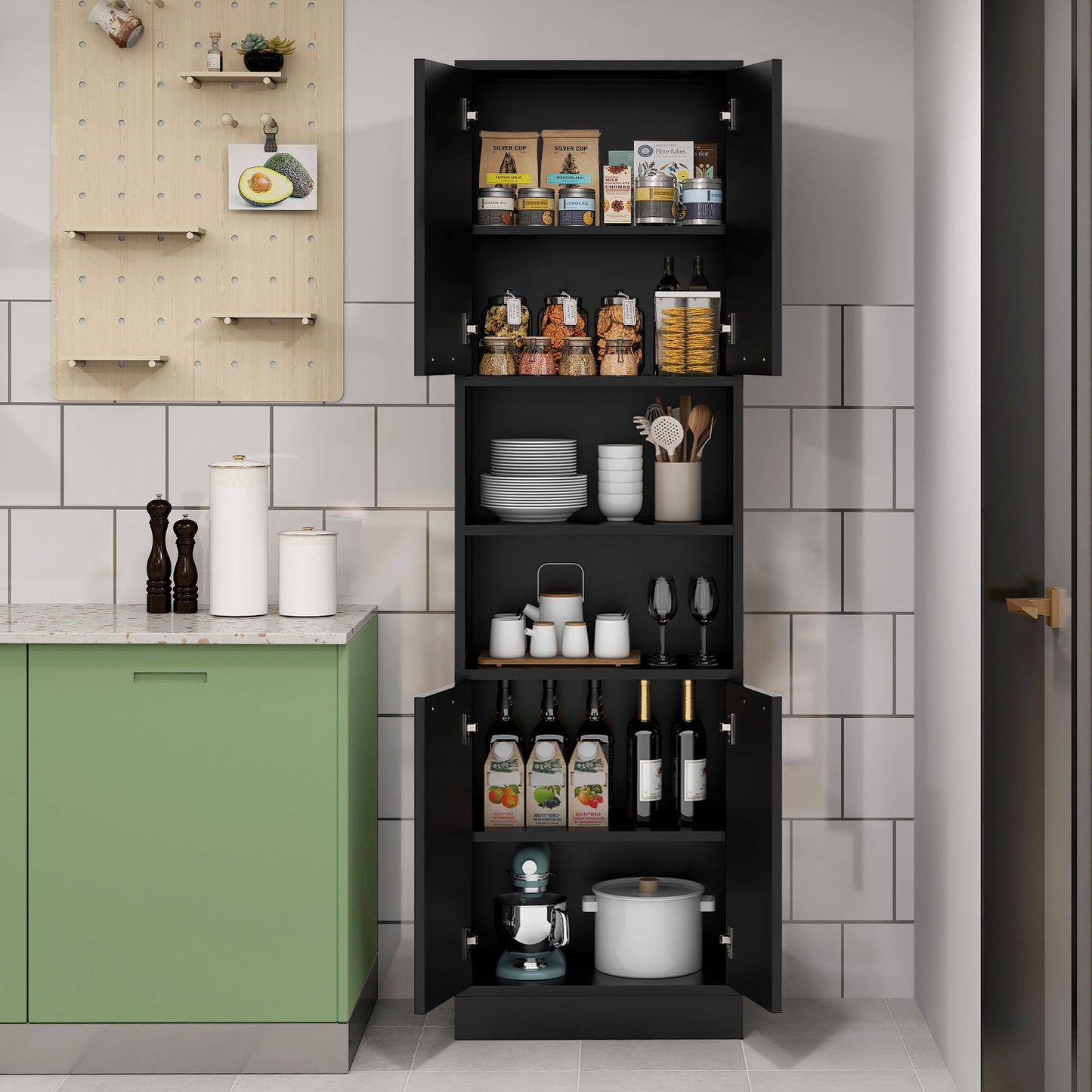 75 Inch Kitchen Pantry Cabinet Tall Cupboard with Doors and Shelves, Black Sideboards Cabinets & Buffets at Gallery Canada