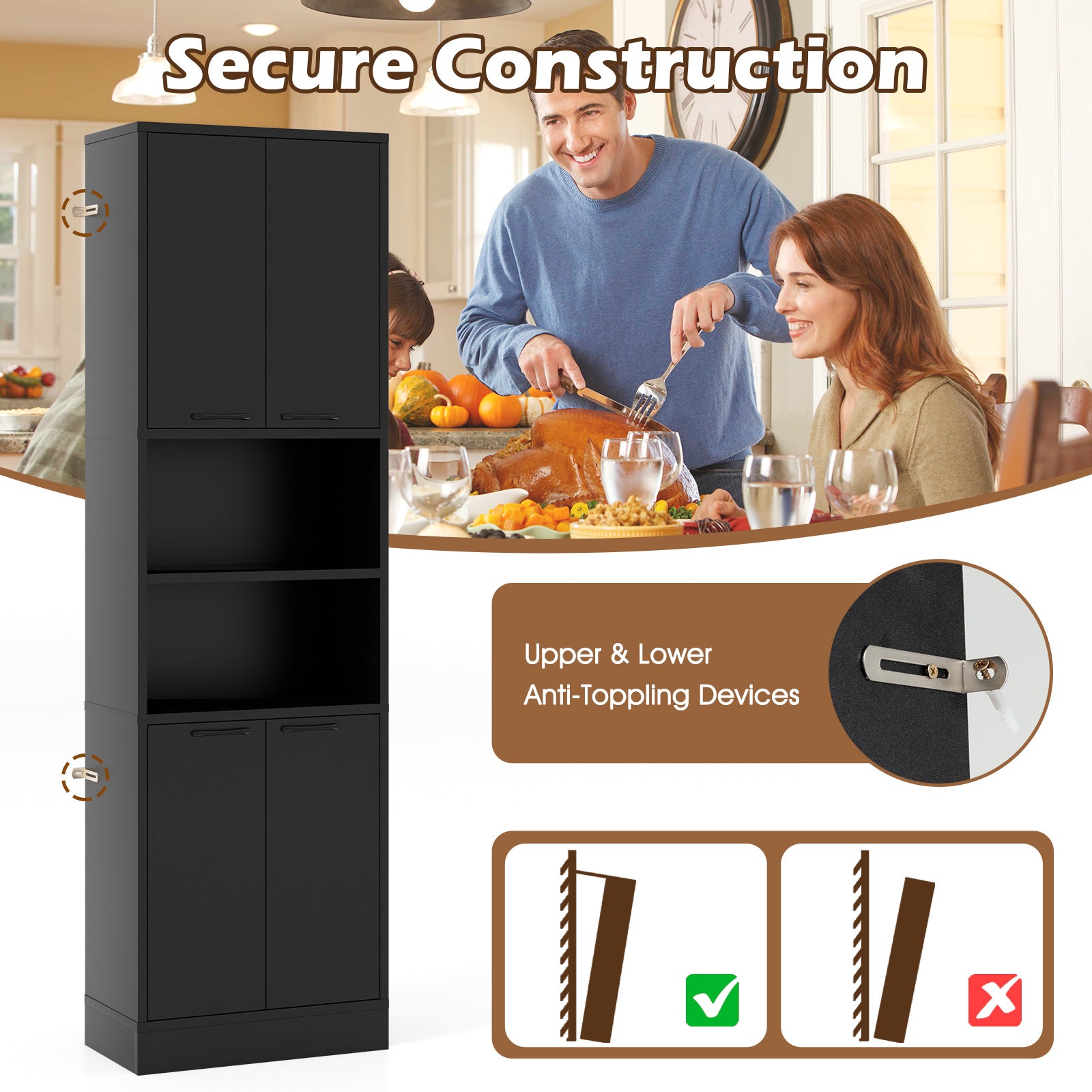 75 Inch Kitchen Pantry Cabinet Tall Cupboard with Doors and Shelves, Black Sideboards Cabinets & Buffets at Gallery Canada