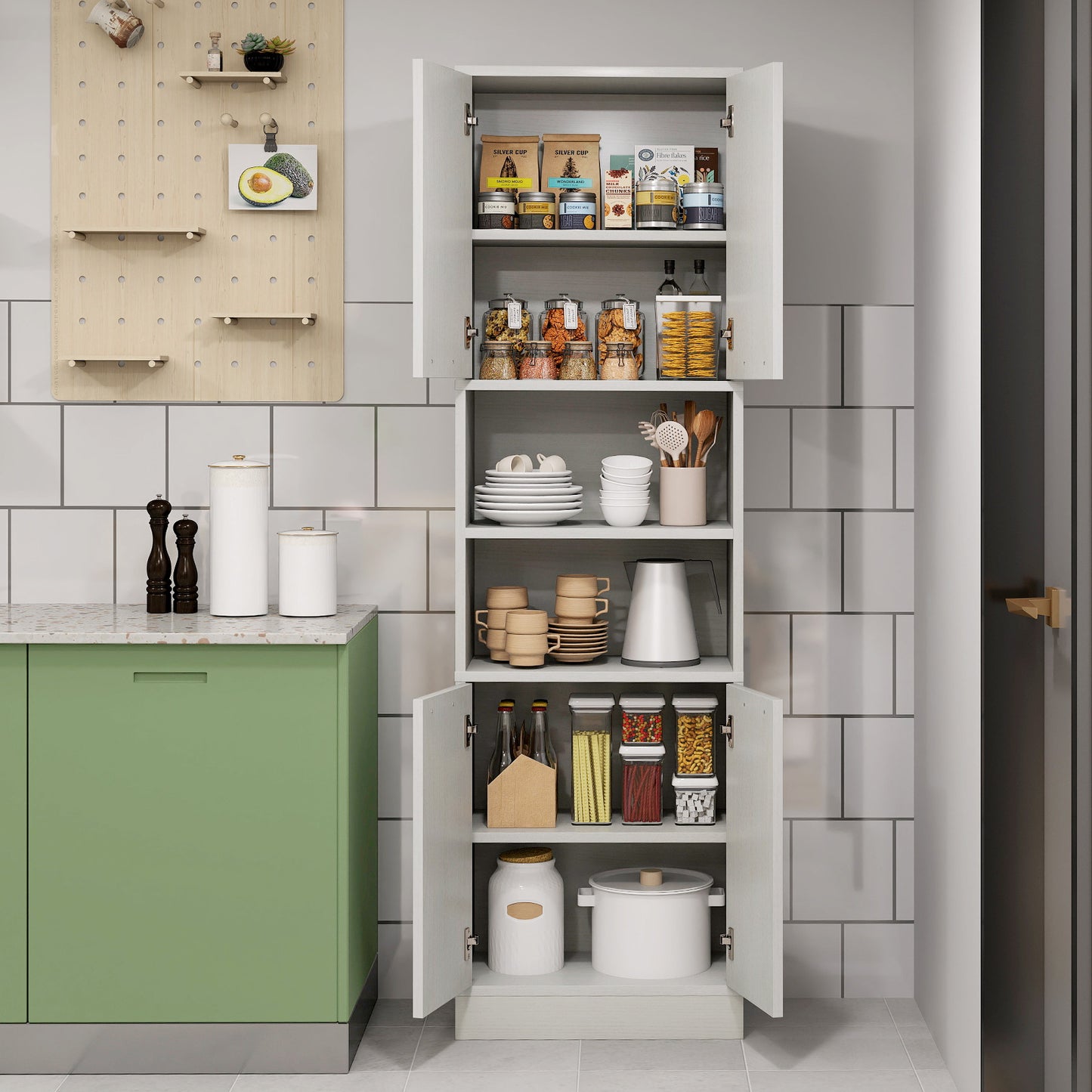 75 Inch Kitchen Pantry Cabinet Tall Cupboard with Doors and Shelves-White Oak, Oak Sideboards Cabinets & Buffets at Gallery Canada