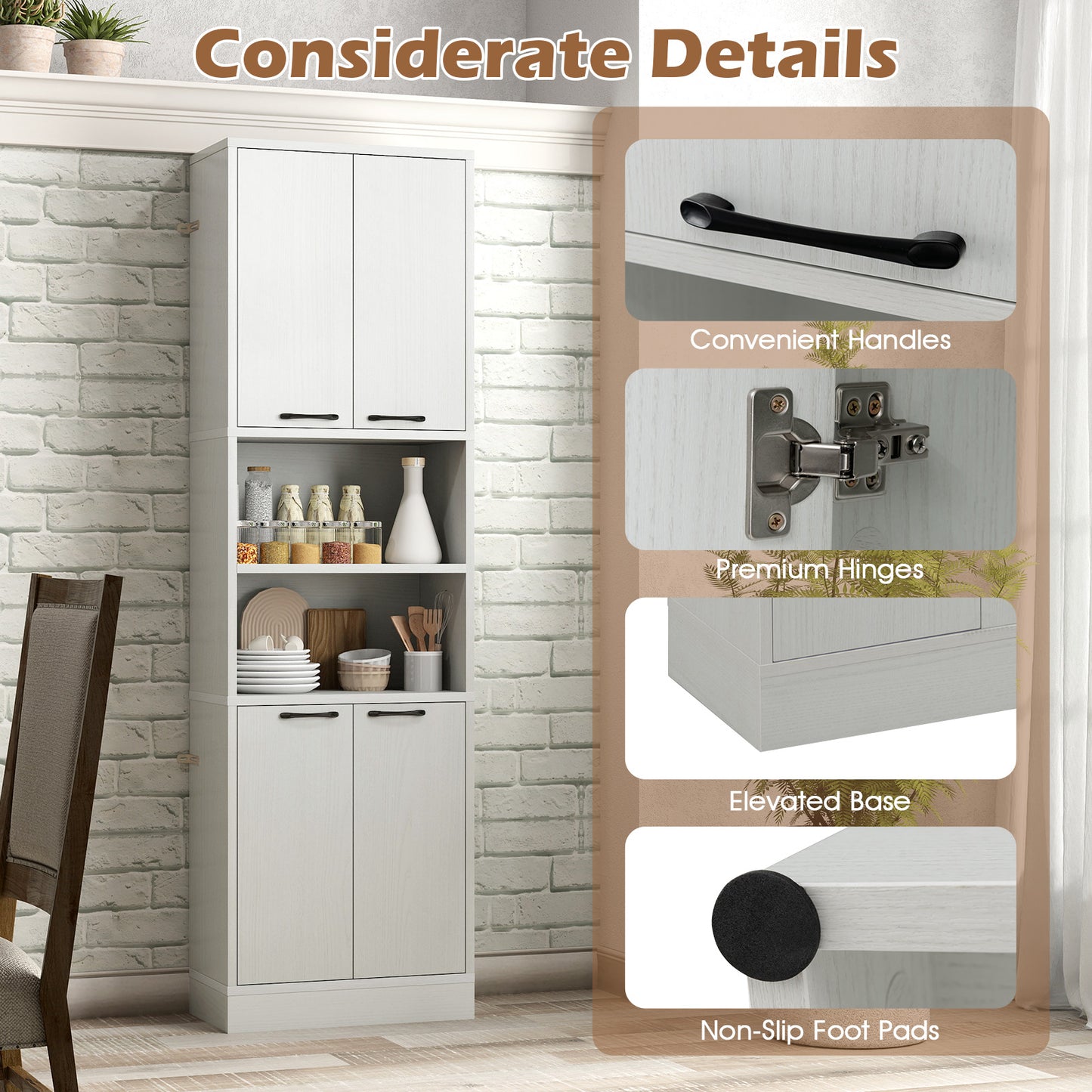 75 Inch Kitchen Pantry Cabinet Tall Cupboard with Doors and Shelves-White Oak, Oak Sideboards Cabinets & Buffets at Gallery Canada