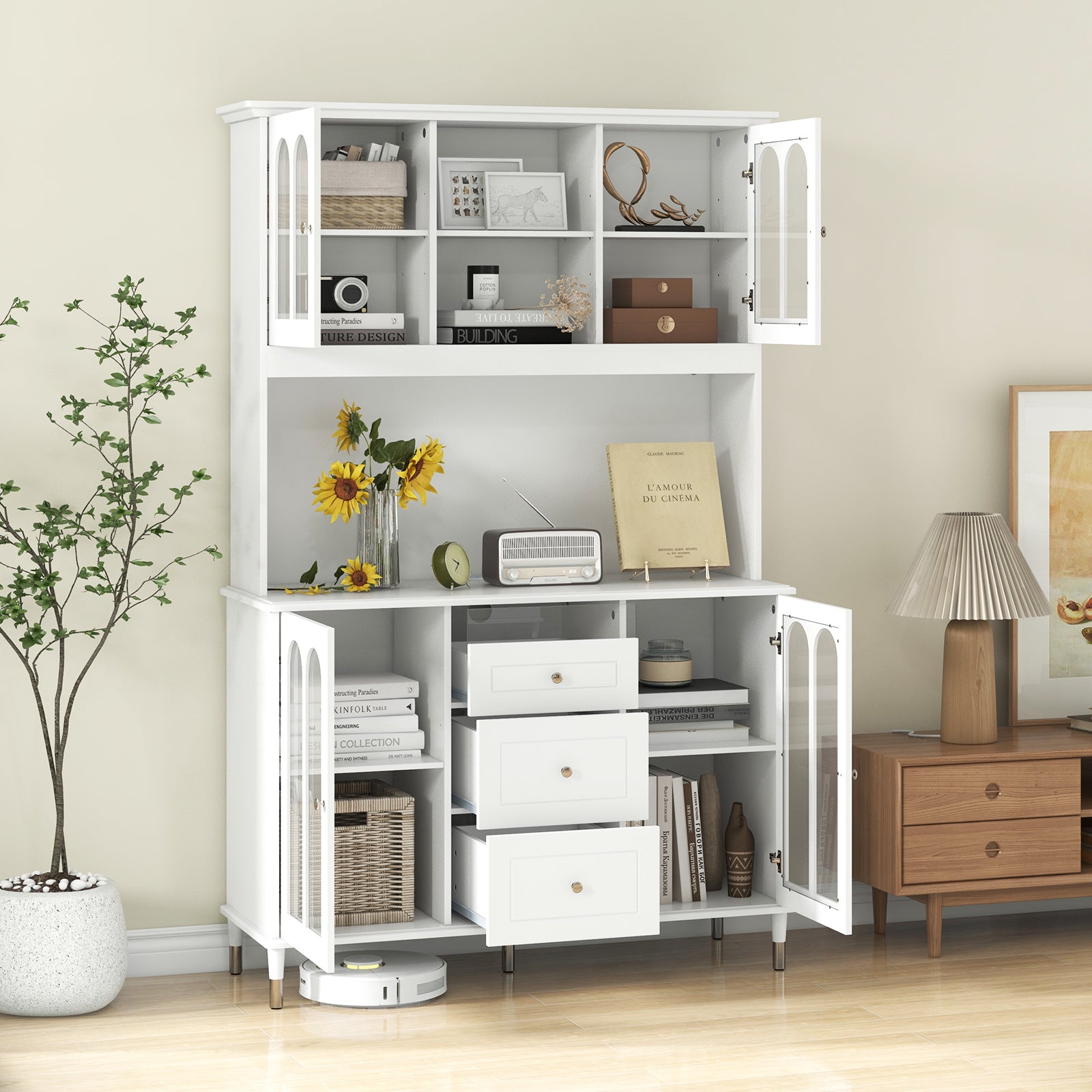 73 Inch Kitchen Pantry Storage Cabinet Freestanding Buffet Cabinet with LED Lights, White Sideboards Cabinets & Buffets at Gallery Canada