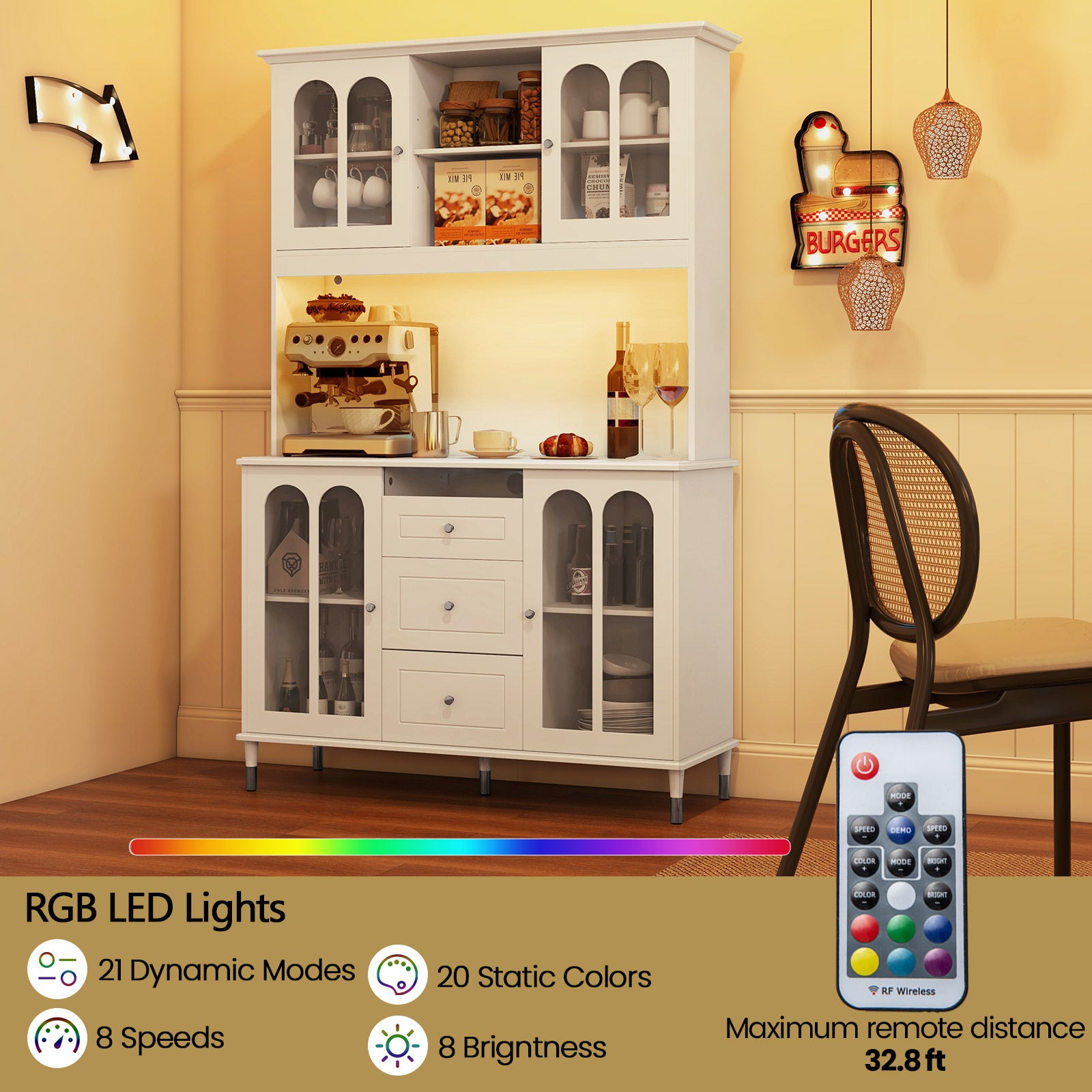 73 Inch Kitchen Pantry Storage Cabinet Freestanding Buffet Cabinet with LED Lights, White Sideboards Cabinets & Buffets at Gallery Canada