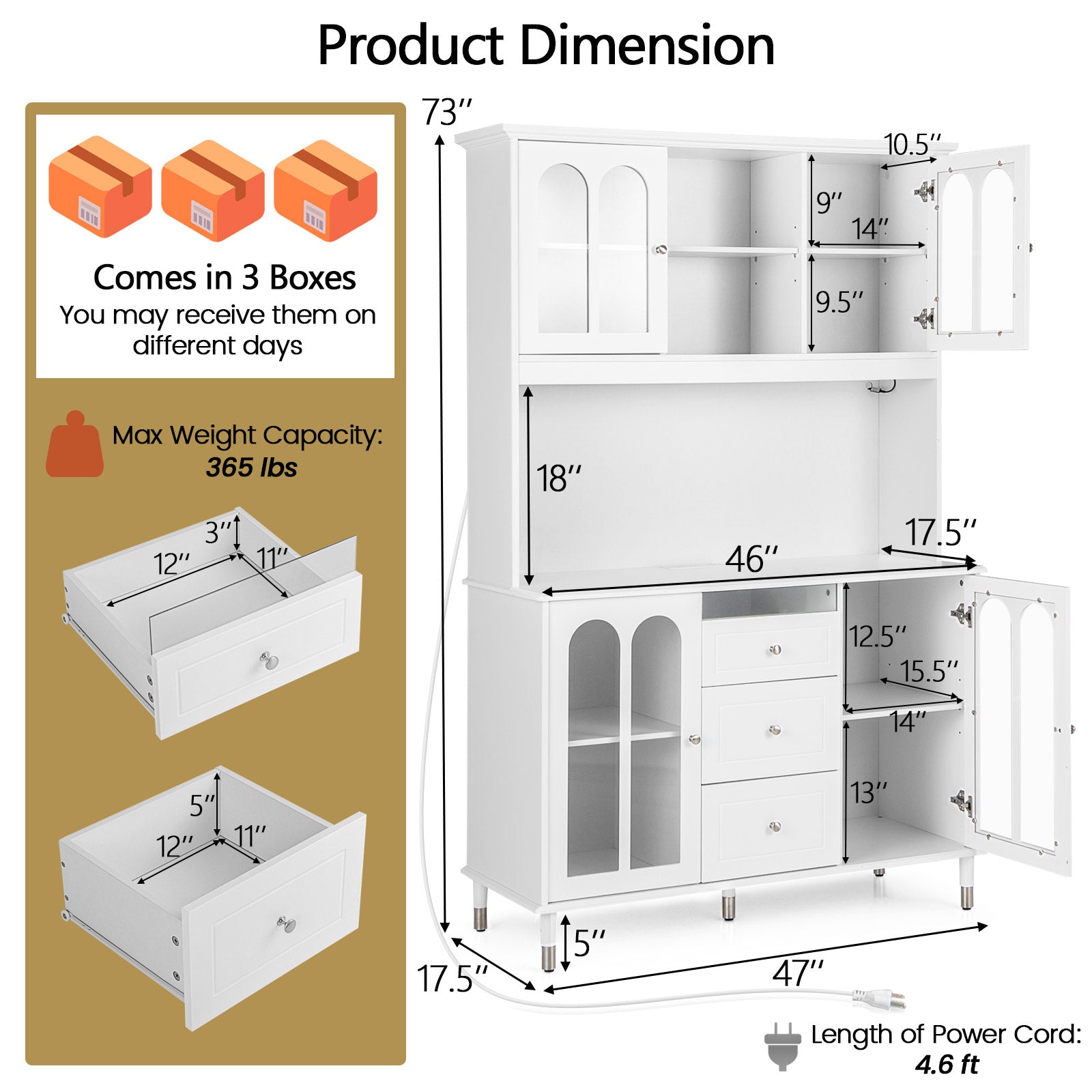73 Inch Kitchen Pantry Storage Cabinet Freestanding Buffet Cabinet with LED Lights, White Sideboards Cabinets & Buffets at Gallery Canada