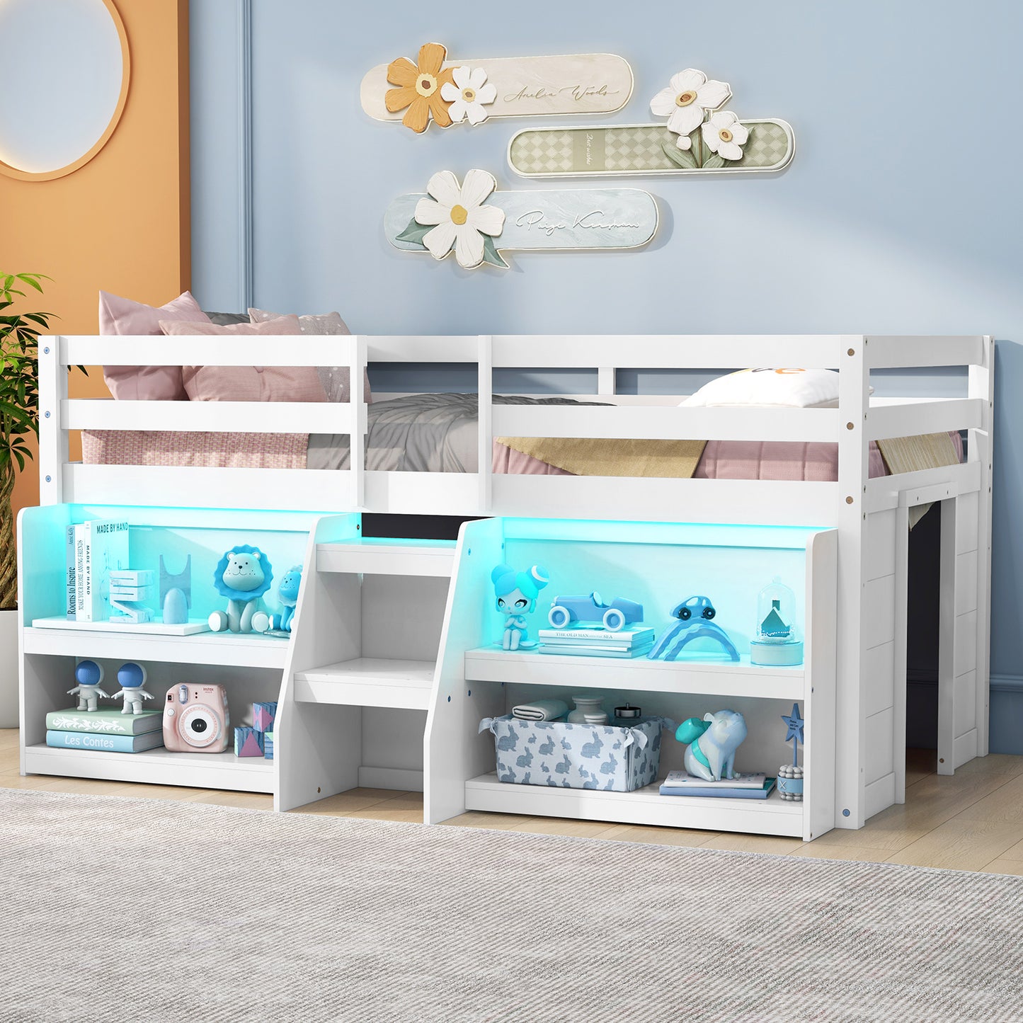 Twin Size Loft Bed with LED Lights with Staircase and Safety Guardrail, White Bunk Bed Frame at Gallery Canada