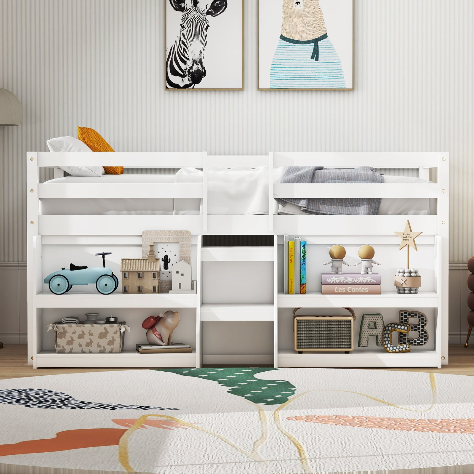 Twin Size Loft Bed with LED Lights with Staircase and Safety Guardrail, White Bunk Bed Frame at Gallery Canada