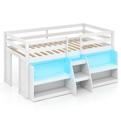 Twin Size Loft Bed With LED Lights, Staircase, Safety Guardrail, White