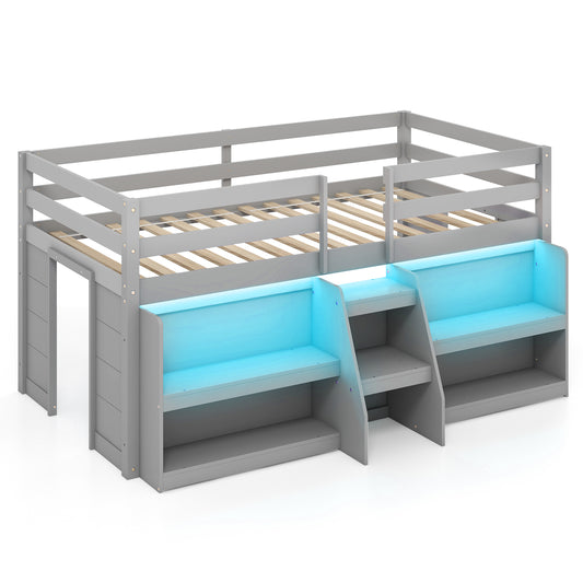 Twin Size Loft Bed with LED Lights with Staircase and Safety Guardrail-Grey, Gray Bunk Bed Frame Gray at Gallery Canada
