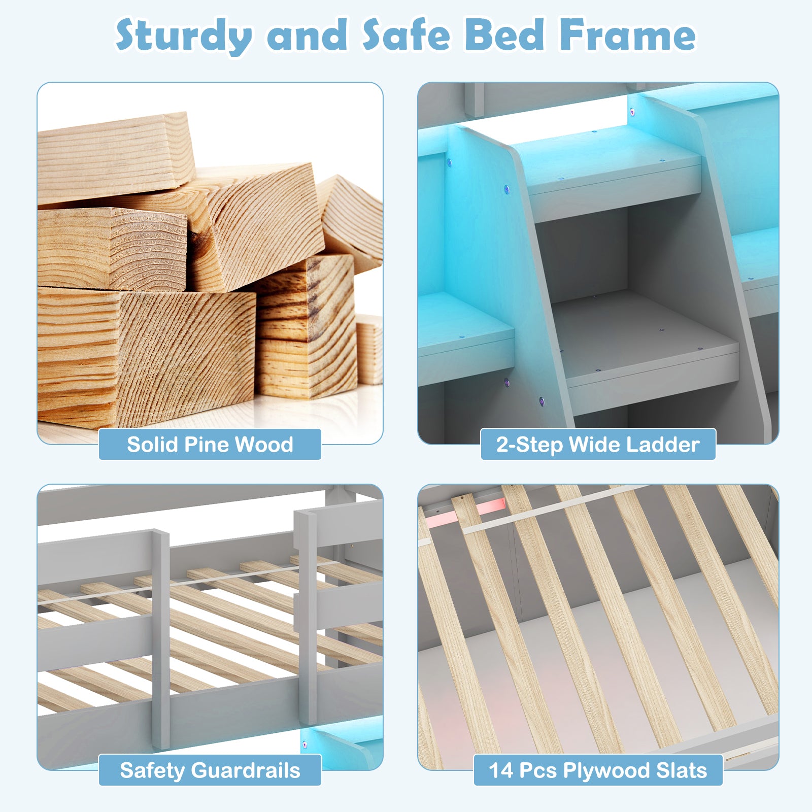 Twin Size Loft Bed with LED Lights with Staircase and Safety Guardrail-Grey, Gray Bunk Bed Frame at Gallery Canada