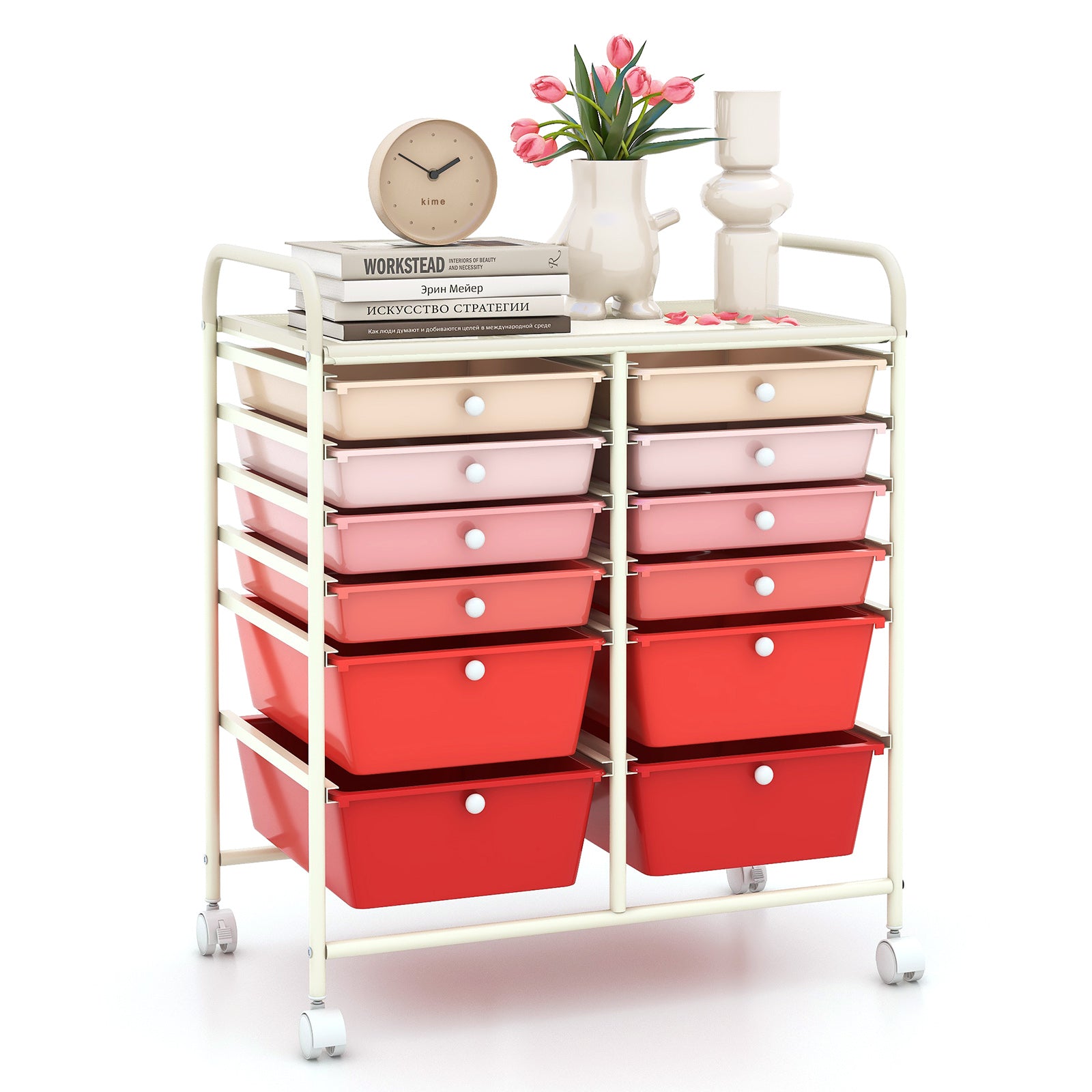 12-Drawer Rolling Storage Cart with Removable Drawers and Lockable Wheels, Pink File Cabinets at Gallery Canada