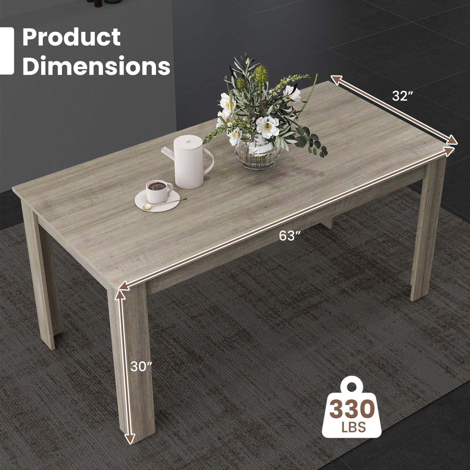 63 Inch Rectangular Modern Dining Kitchen Table, Light Gray Dining Tables at Gallery Canada