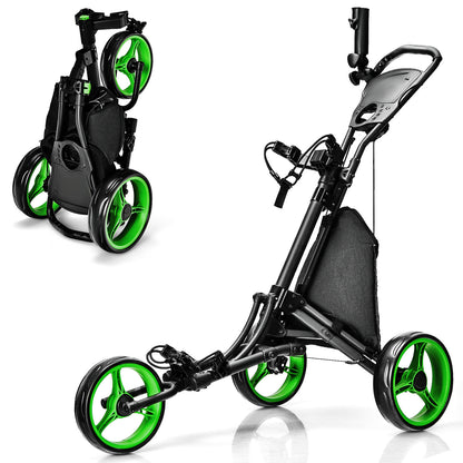 Folding 3 Wheels Golf Push Cart with Bag Scoreboard Adjustable Handle, Green Golf Green at Gallery Canada