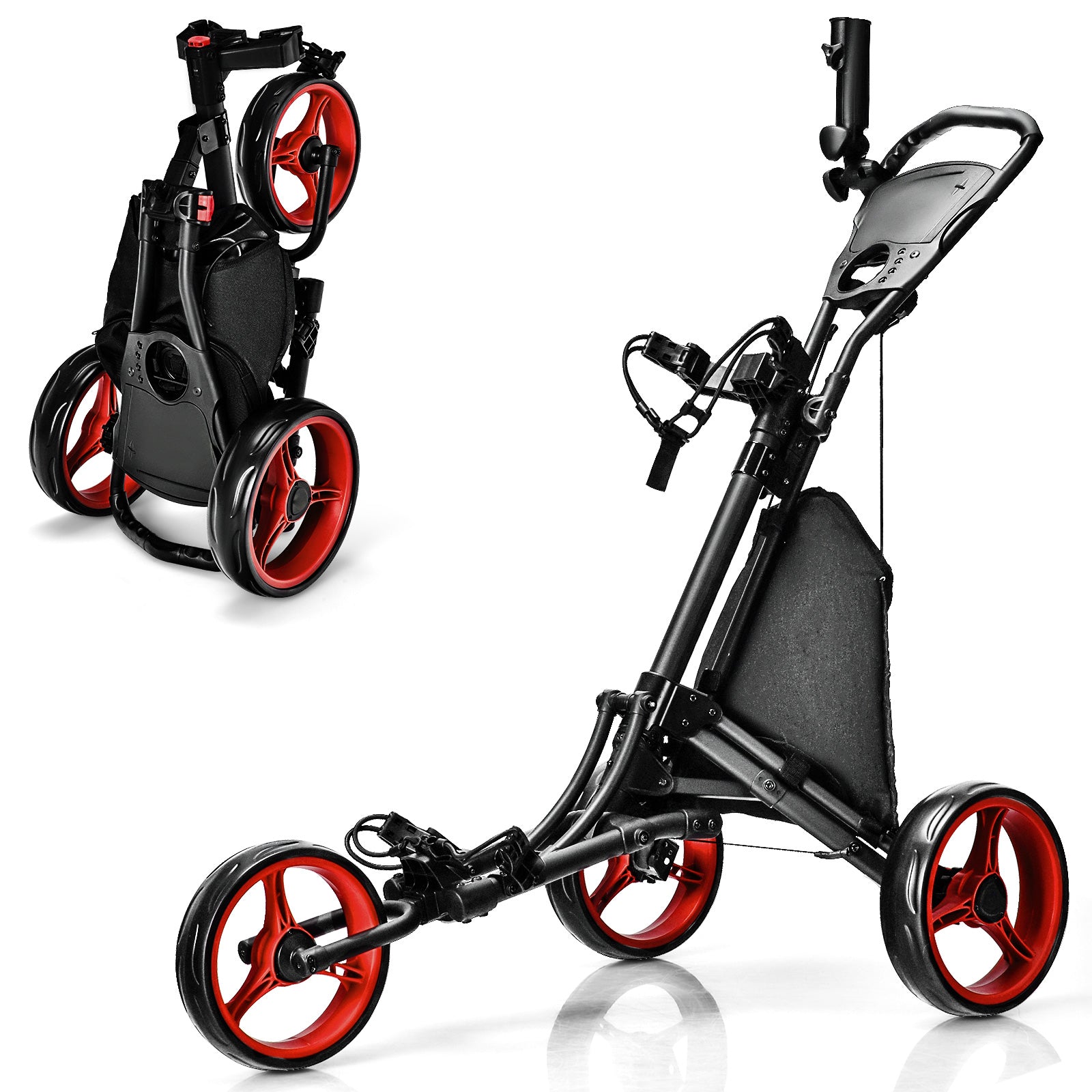 Folding 3 Wheels Golf Push Cart with Bag Scoreboard Adjustable Handle, Red Golf Red at Gallery Canada