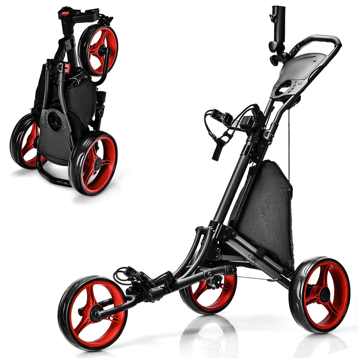 Folding 3 Wheels Golf Push Cart with Bag Scoreboard Adjustable Handle, Red Golf at Gallery Canada