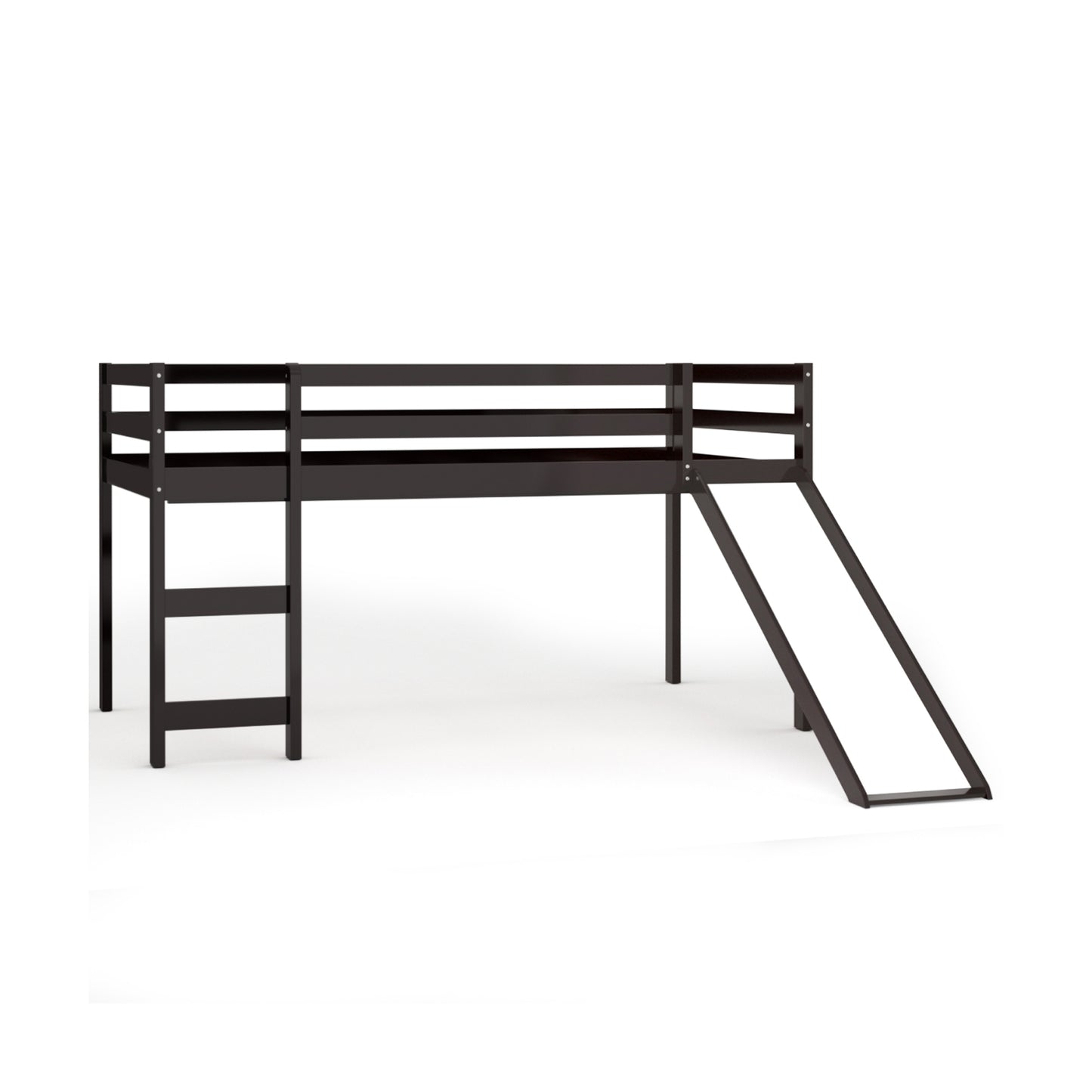 Twin Size Low Loft Bed With Slide, Dark Brown