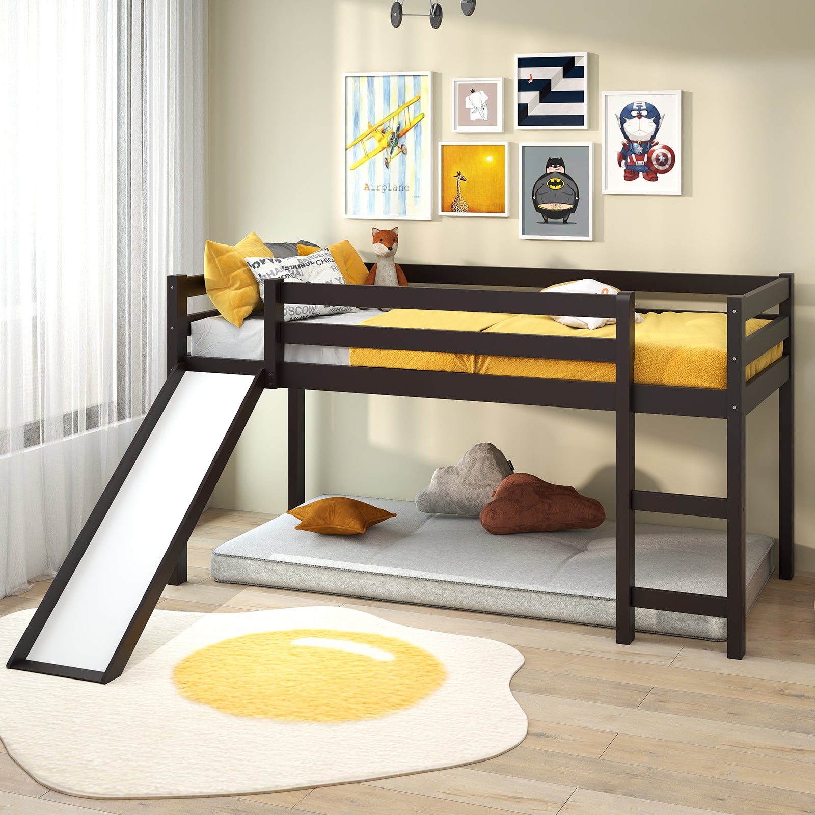 Twin Size Low Sturdy Loft Bed with Slide Wood , Dark Brown Bunk Bed Frame at Gallery Canada