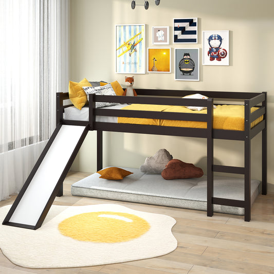 Twin Size Low Sturdy Loft Bed with Slide Wood , Dark Brown Bunk Bed Frame Dark Brown at Gallery Canada