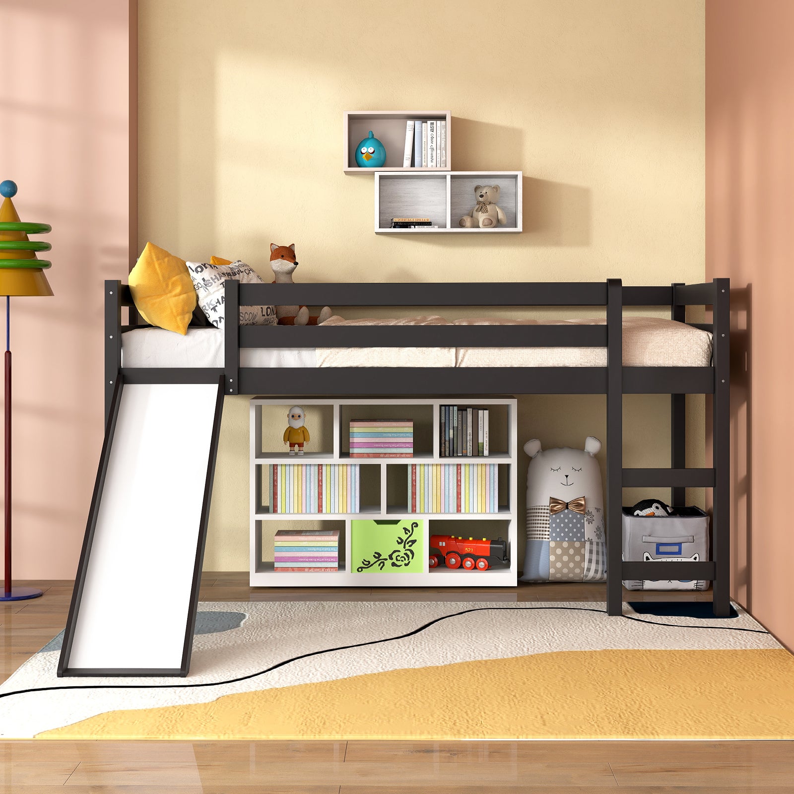 Twin Size Low Sturdy Loft Bed with Slide Wood , Dark Brown Bunk Bed Frame at Gallery Canada