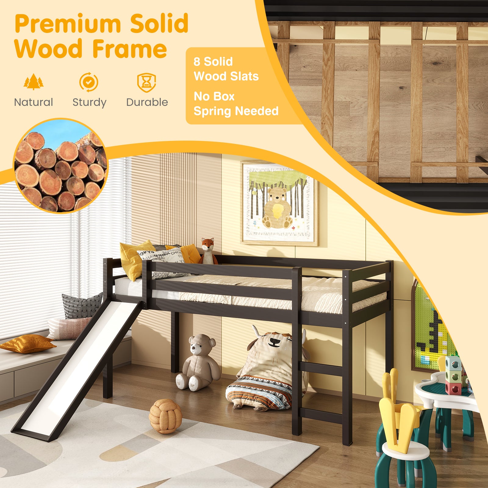 Twin Size Low Sturdy Loft Bed with Slide Wood , Dark Brown Bunk Bed Frame at Gallery Canada