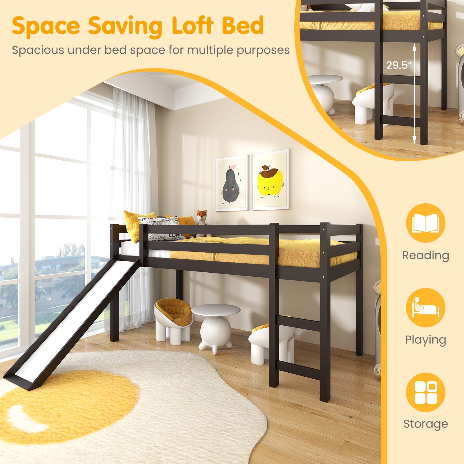 Twin Size Low Sturdy Loft Bed with Slide Wood , Dark Brown Bunk Bed Frame at Gallery Canada