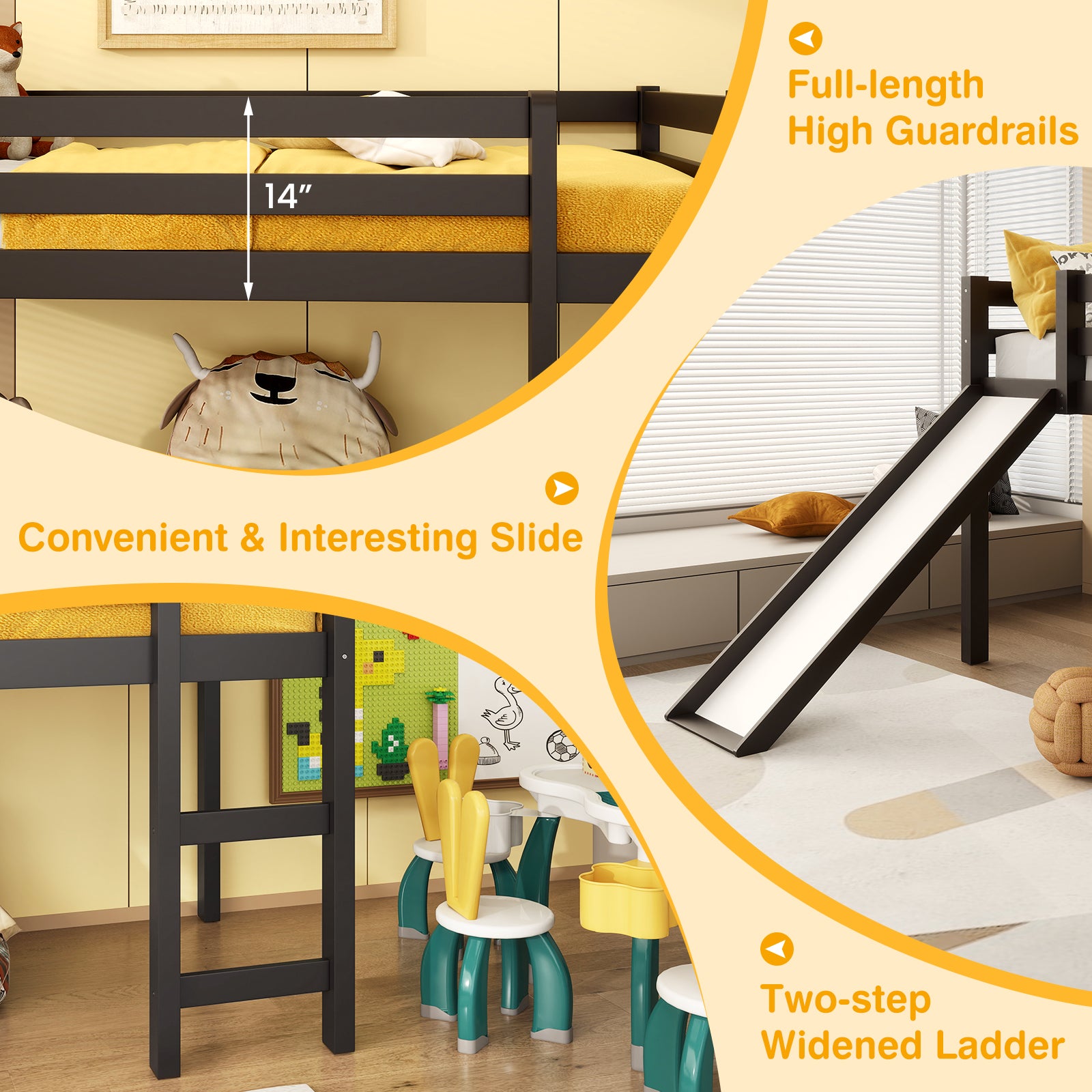 Twin Size Low Sturdy Loft Bed with Slide Wood , Dark Brown Bunk Bed Frame at Gallery Canada