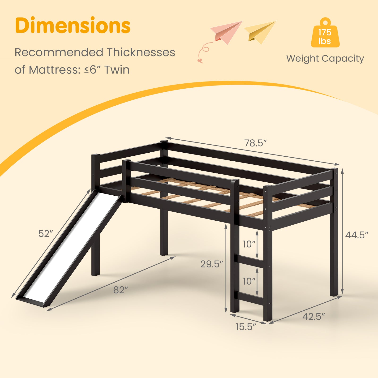 Twin Size Low Sturdy Loft Bed with Slide Wood , Dark Brown Bunk Bed Frame at Gallery Canada