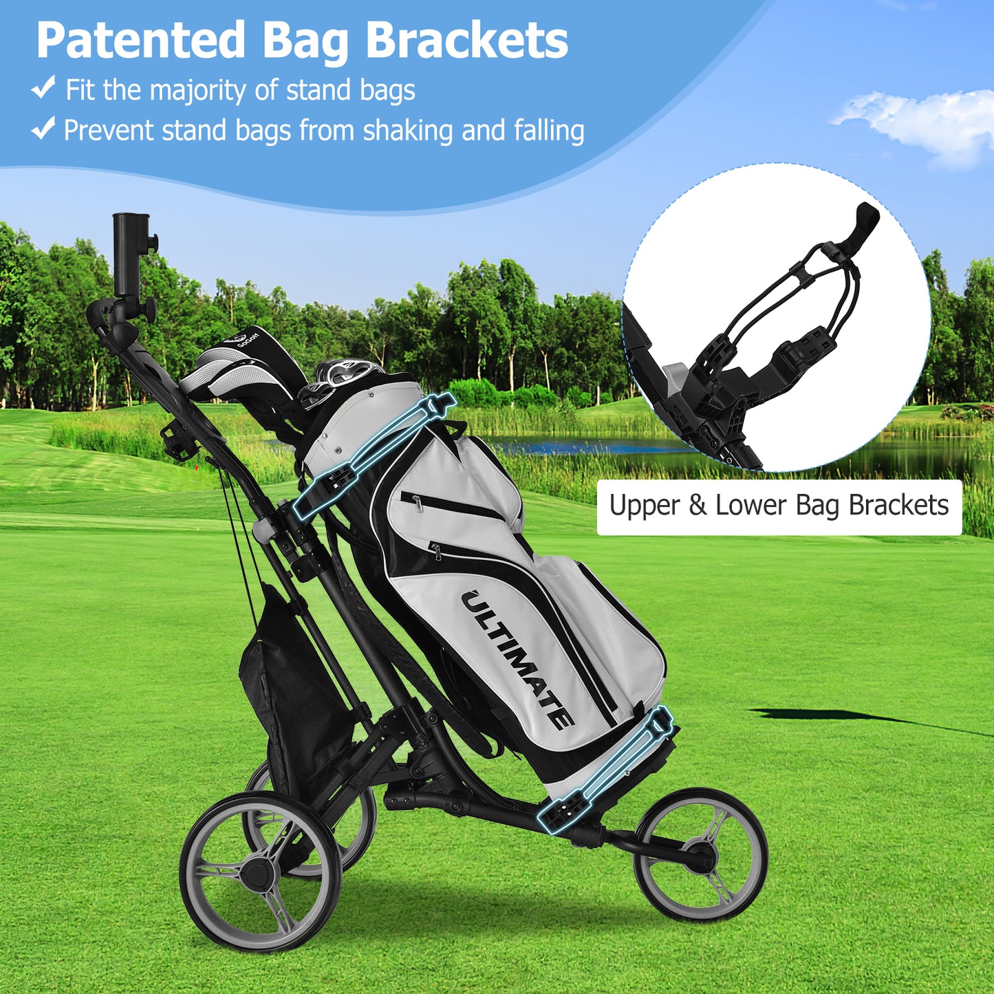 Folding 3 Wheel Golf Push Cart, Adjustable Handle, Gray Golf at Gallery Canada