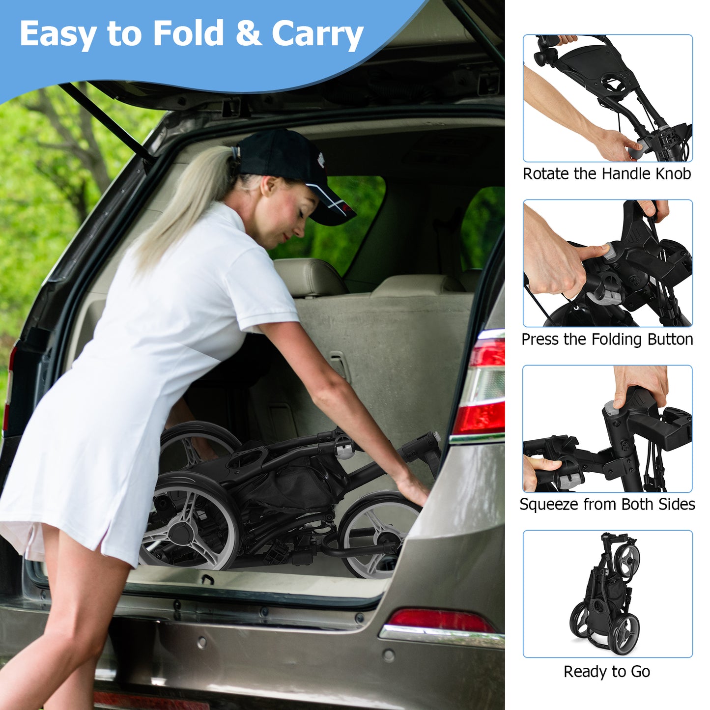 Folding 3 Wheel Golf Push Cart, Adjustable Handle, Gray Golf at Gallery Canada