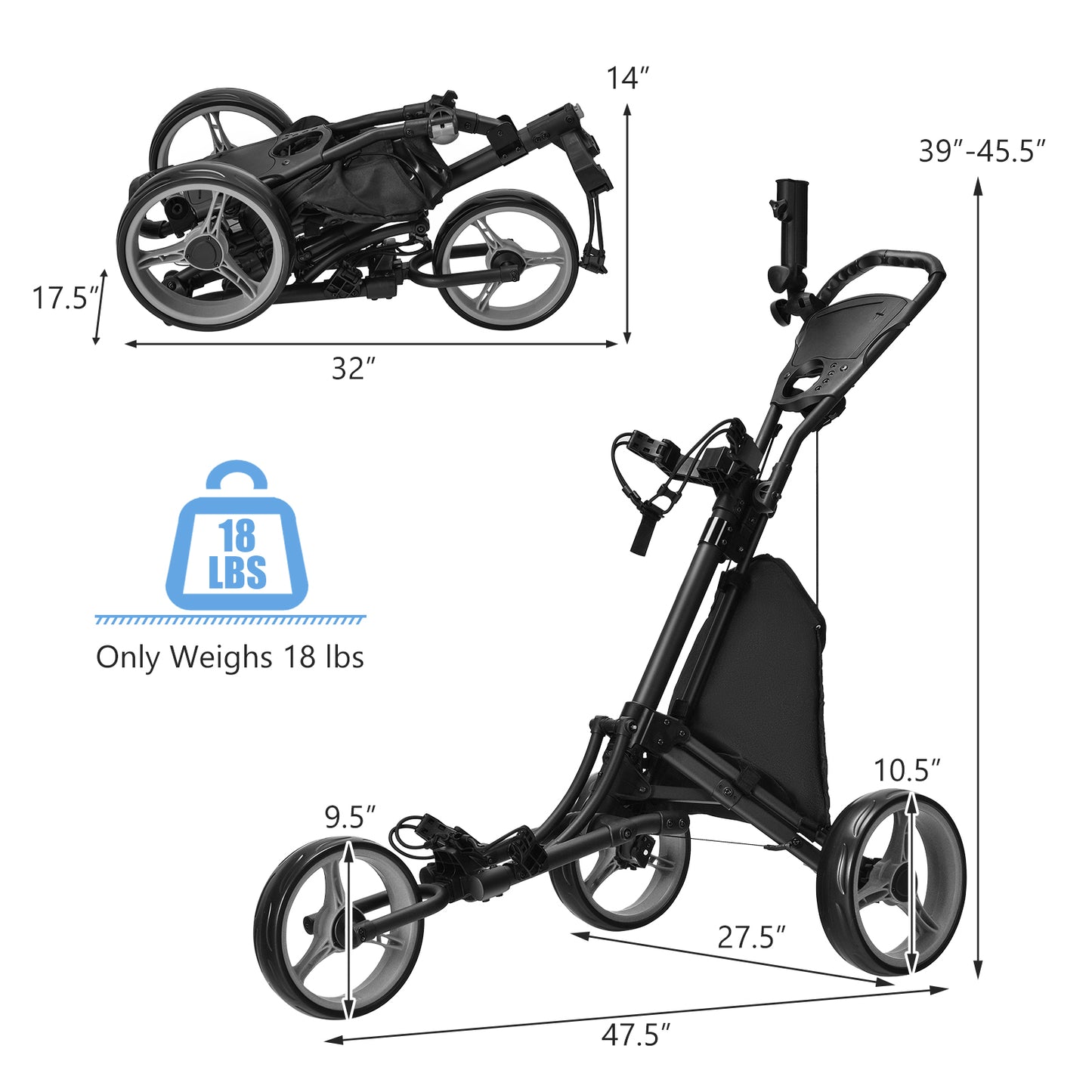 Folding 3 Wheel Golf Push Cart, Adjustable Handle, Gray Golf at Gallery Canada